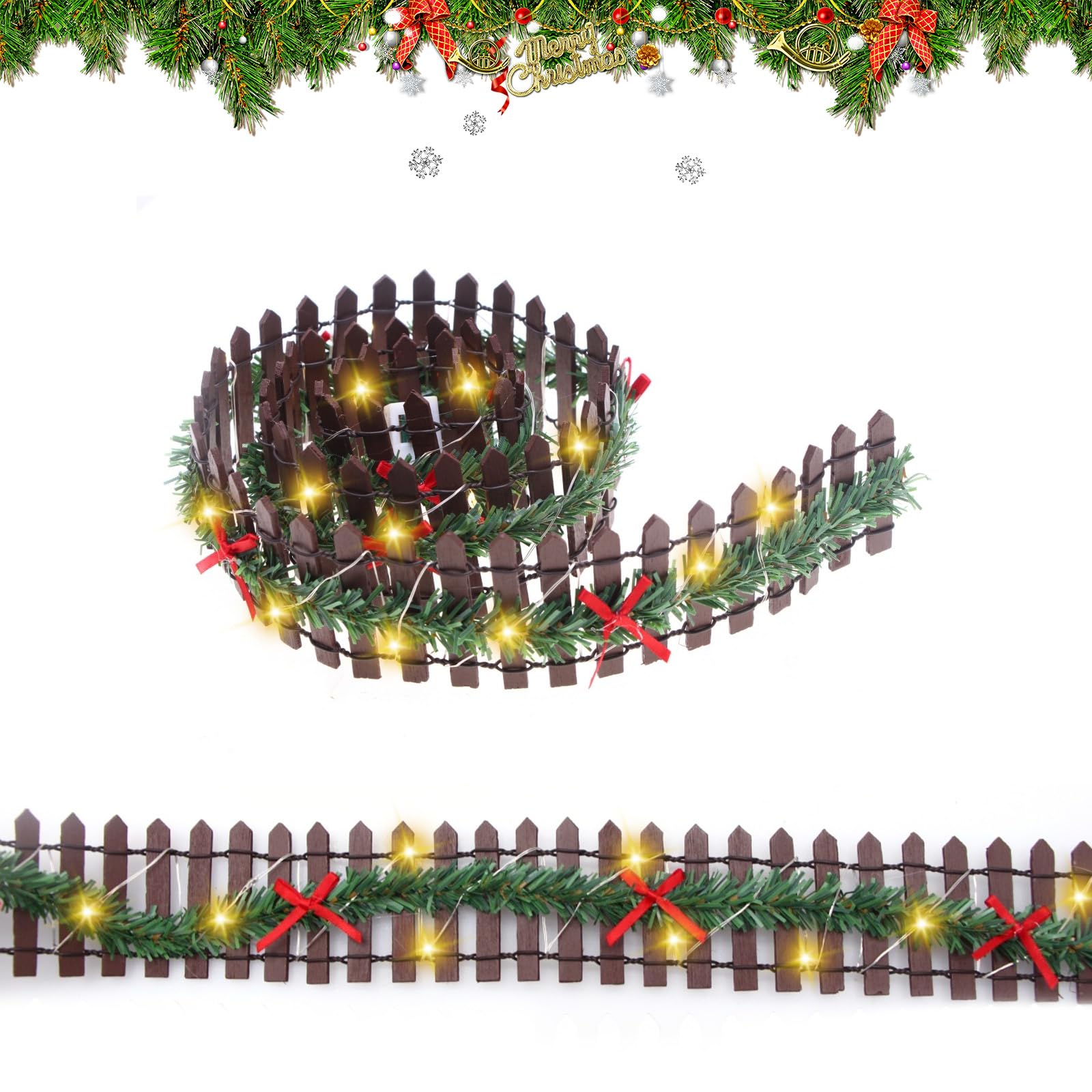 Valla de Madera en Miniatura,Valla de Madera en Miniatura de Navidad, Valla de Jardín de Decoración,Mini Valla de Navidad con Luces,Mini Valla Decorativa para Jardín,para Paisajes en Miniatura