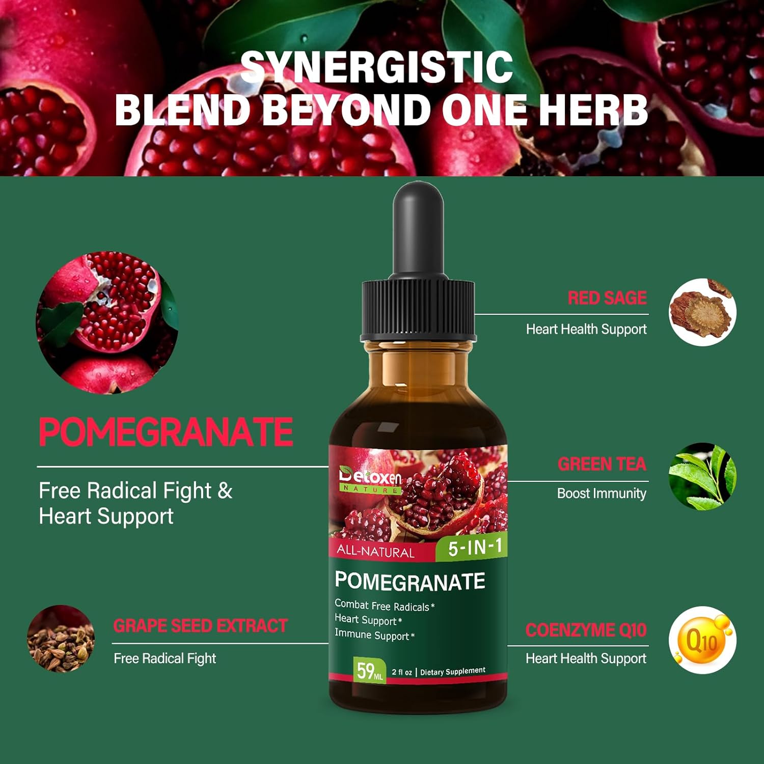 Pomegranate Extract Supplement Drops for Heart and Immune Support, 5-in-1 Fast Absorbing Herbal Supplements with Red Sage Coenzyme Q10 Green Tea. 4oz