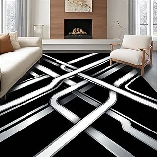 Low Pile Flatwoven Area Rug 8x10, Minimalist Interlocking Lines with Mon...