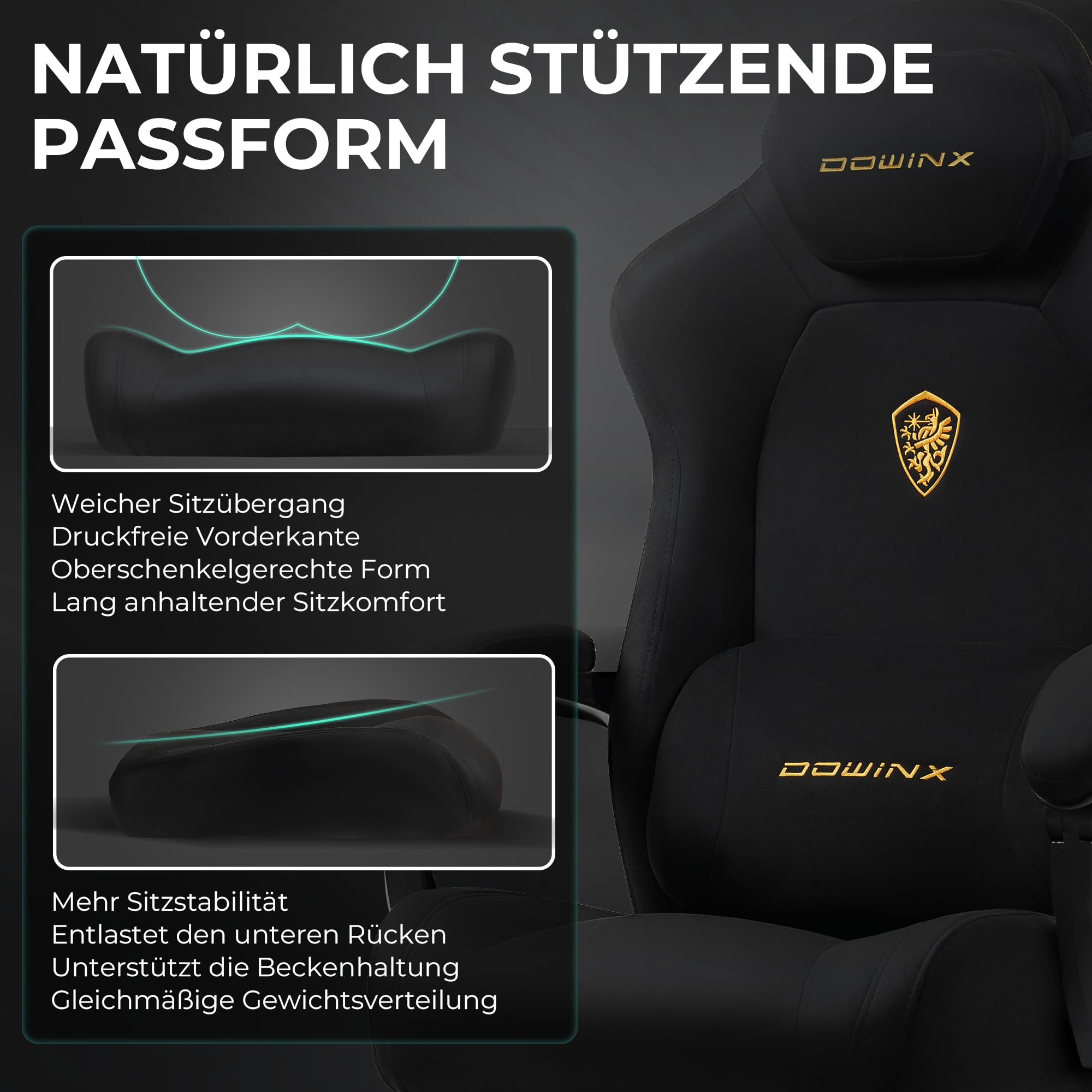 Dowinx Gaming Stuhl Ergonomisch mit Lendenkissen, Höhenverstellbare Kopfstütze, Verdicktes Sitzpolster, Ausziehbare Fußstütze, Verstellbare Armlehnen, Mikrofaser-Velours, 160° Neigbar, Schwarz