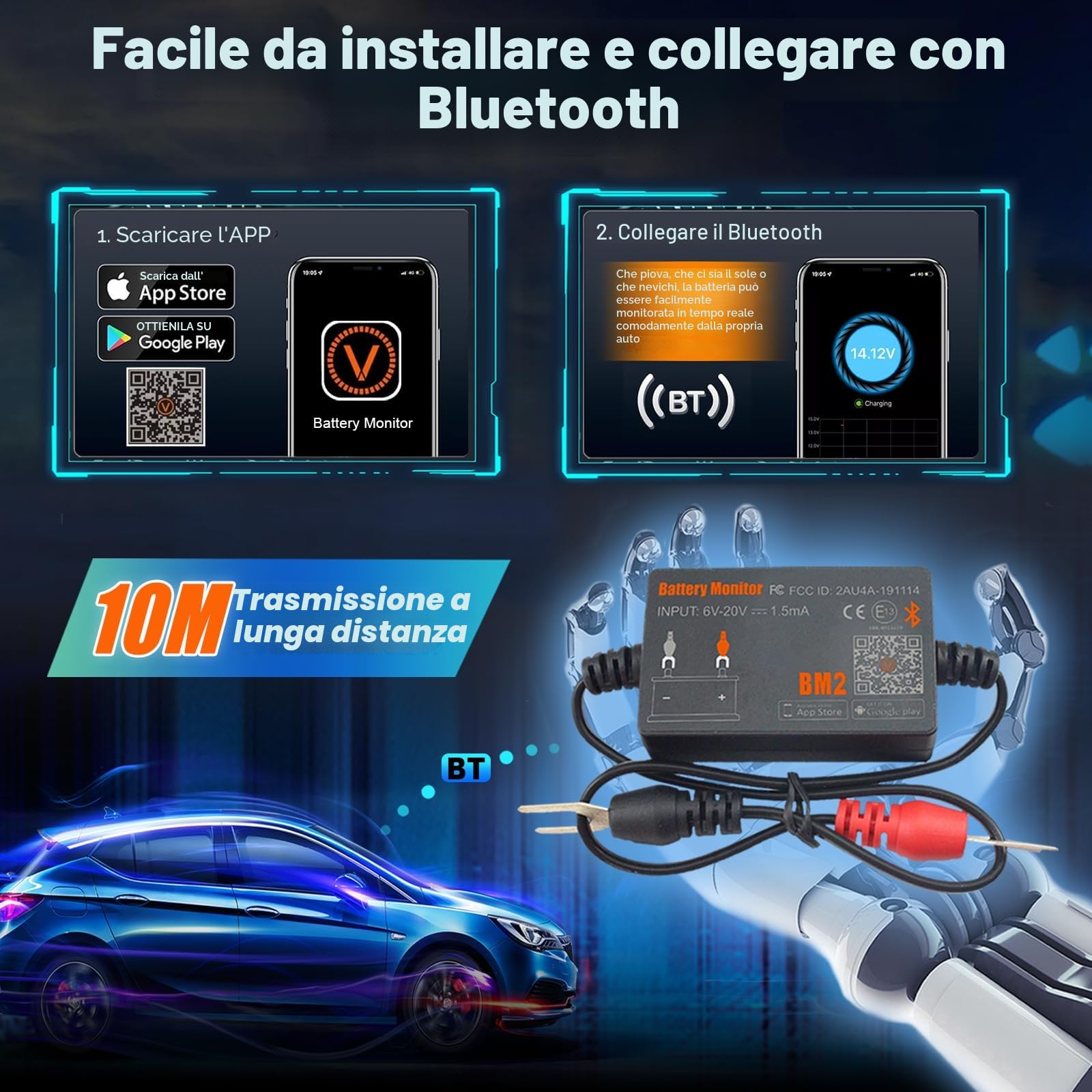 Monitor Batteria Bluetooth 4.0 Wireless Battery Tester, Car Charging Start e Alarm System Monitor Analizzatore Batteria Digitale Adatto a 12V Sistemi Solari Moto Barche Auto Compatibili Android iOS