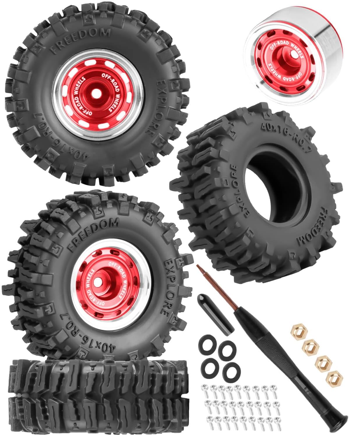 Aluminum 0.7 Beadlock Wheels Tires for 1/30 SCX30 1/32 Red cat Ascent-32 RC Crawler,0.7" Rings Deep Dish Wheel Rims & Rubber Tires - RC Off Road Buggy Rally Truck Wheels and Tires,Red(4Pcs)