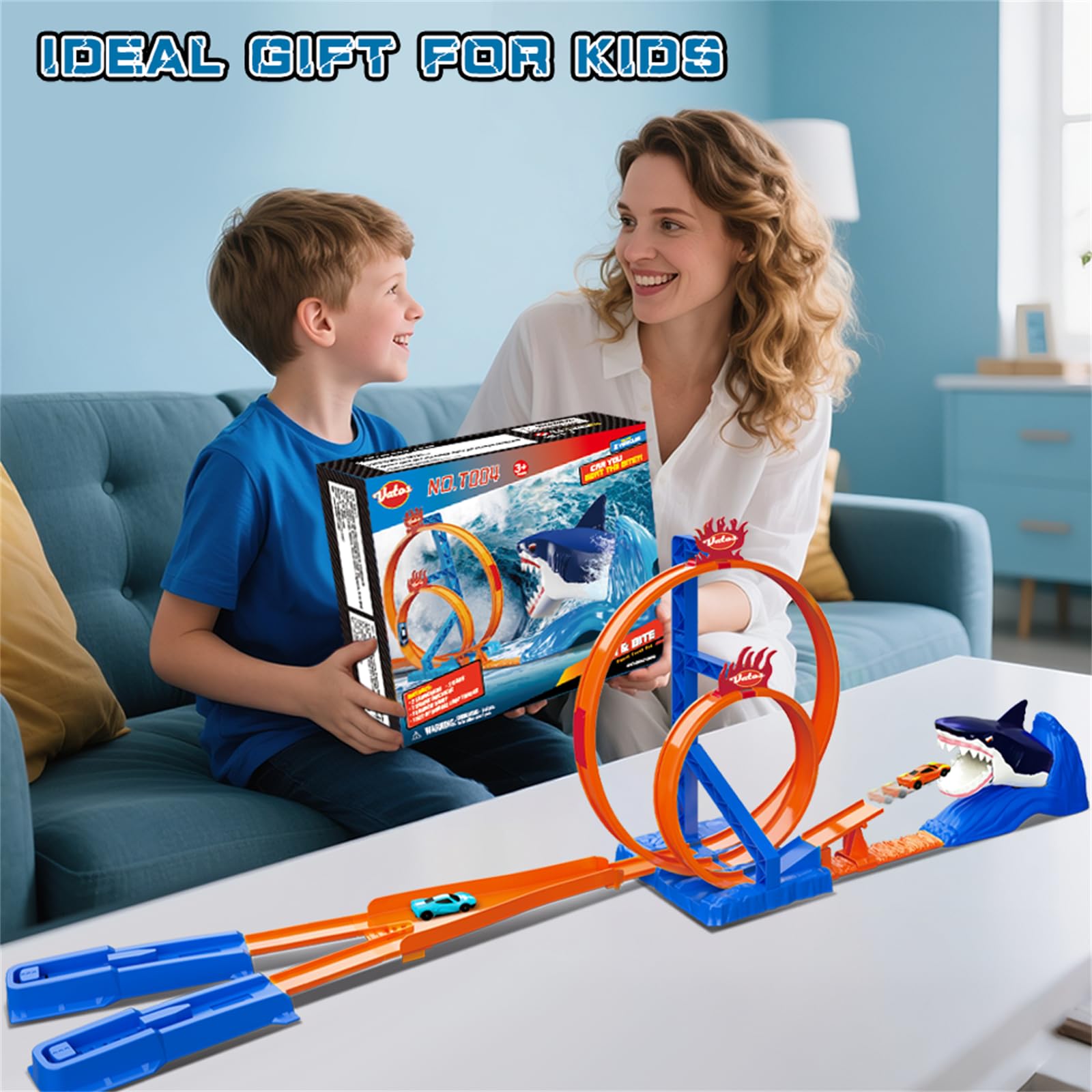 Vatos Circuito di Corsa Squalo per Bambini con 2 Auto da Corsa e 2 Fibbie, Circuito di Cascate Catapulta Squalo, Giocattolo Regalo per Ragazzi 3, 4, 5, 6, 7, 8 Anni