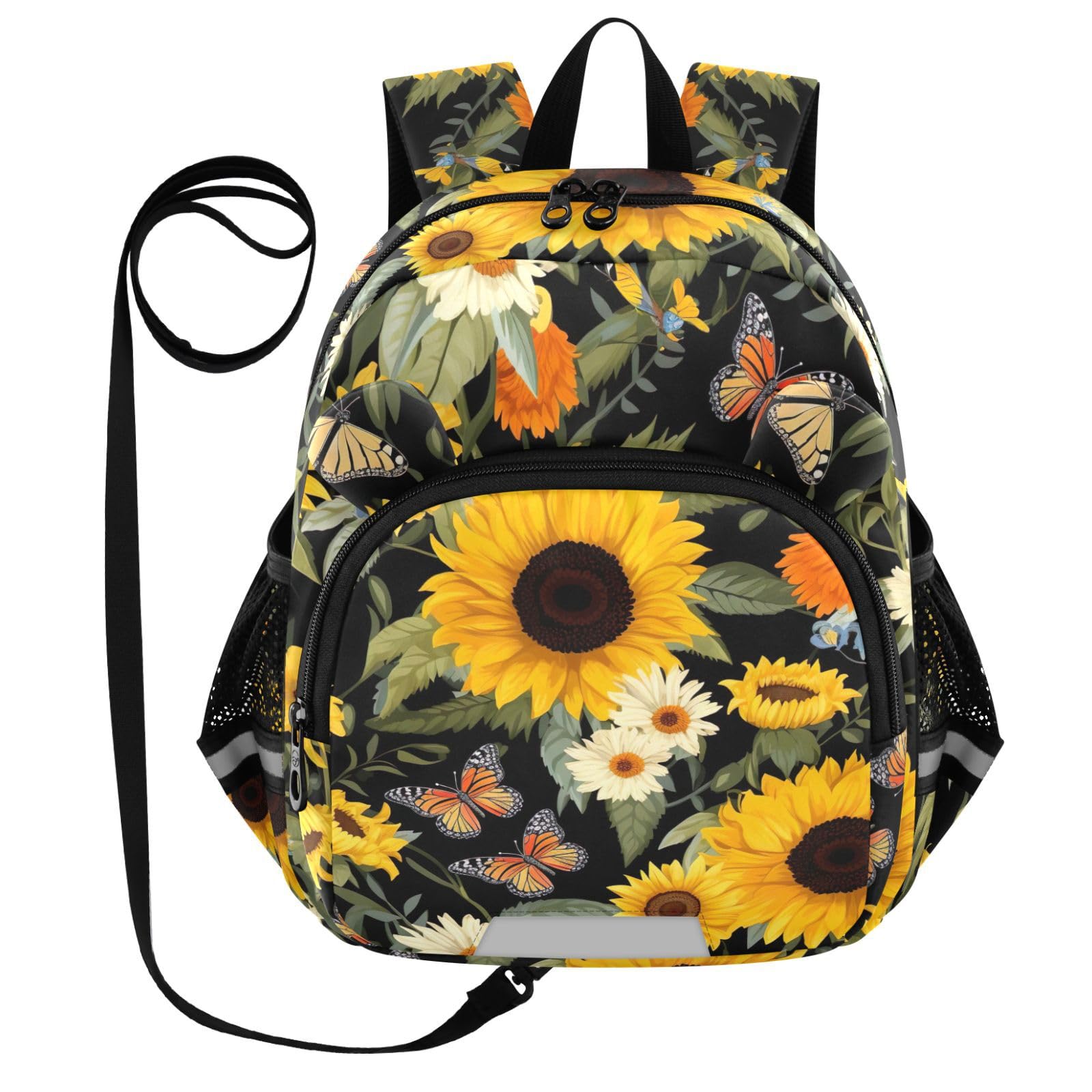 Butterflies Sunflowers Black Toddler Harness Backpack for Boys Girls 3-6 Years Kids Backpack with Anti Lost Safety Leash Child Leash Backpack for Travel Preschool Walking