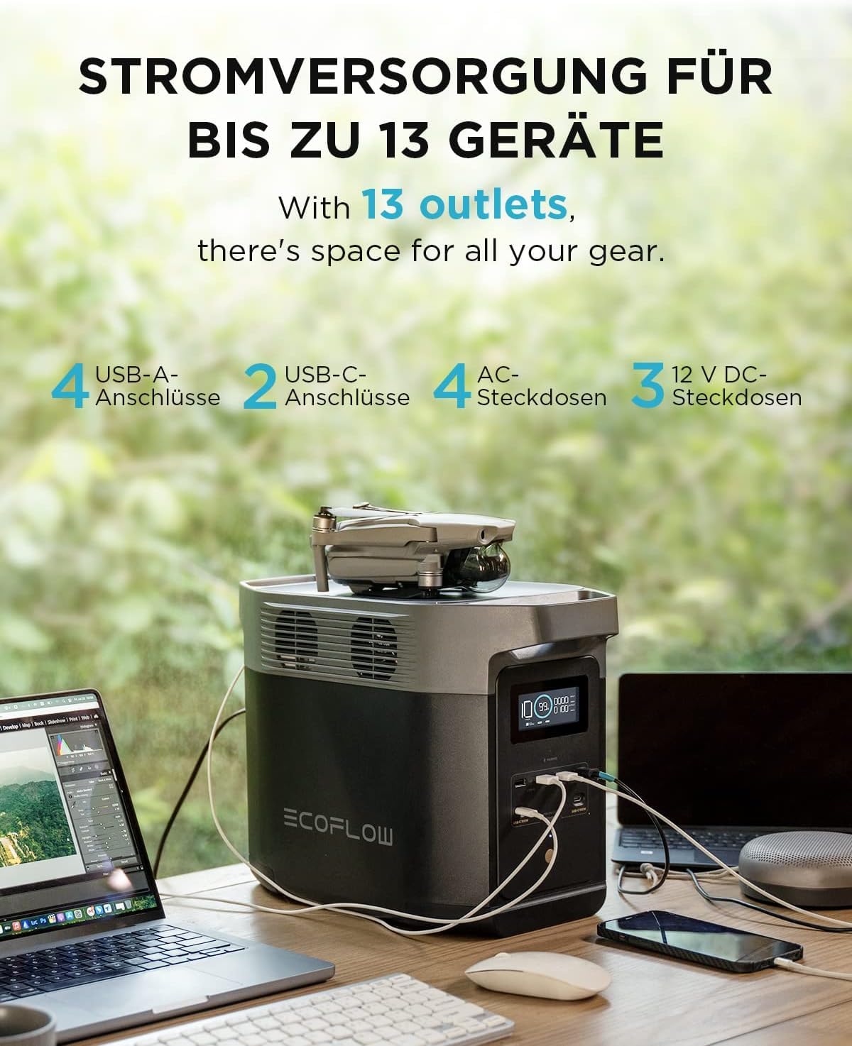 EF ECOFLOW Delta 2 Tragbare Powerstation 1024Wh, Solar Generator LiFePO4-Batterie, erweiterbarer Kapazität bis zu 3kWh, Schnellladung von 0-80% in 50 Mins, Notstromaggregat für Camping, Wohnmobile
