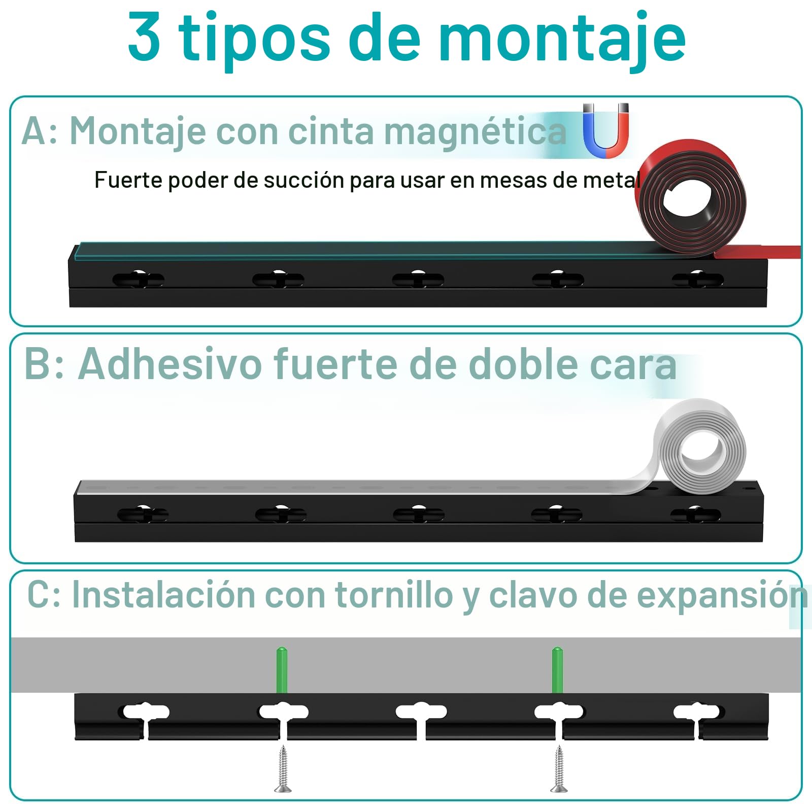 Canaletas Cables, Canaletas para Cables Adhesivas Magnetic, Organizador de Cables para Ocultar Ordenador, Mesa de Juegos, Red, TV, Cable de Alimentación (4PCS 3.5x3x40cm Negro)