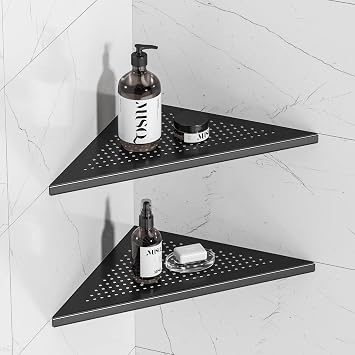 Neodrain 12 Inch Matte Black Corner Wall Shelf Set of 2، Floating Corner Shelves for Wall، 304 Stainless Wall Storage Shelves for Bathroom، No Drilling
