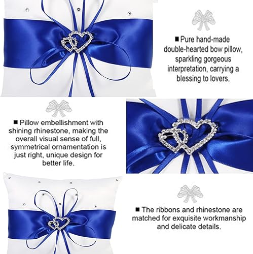 Miniatura 3 de Tyenaza Almohada portadora de anillo, almohada de anillo de boda de 7.8 pulgadas, soporte para anillo azul real, cojín de doble corazón para