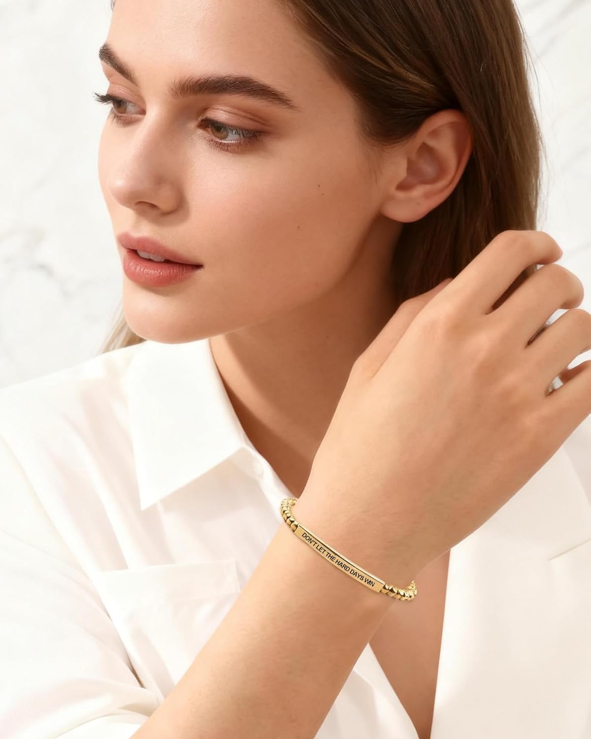 Dont Let the Hard Days Win Bracelet Stretch Stainless Steel Gold Beads Inspire Bracelet Gold Engraved Don't Let the Hard Days Win Brace-let Motivational Inspirational Gifts for Women - Image 3