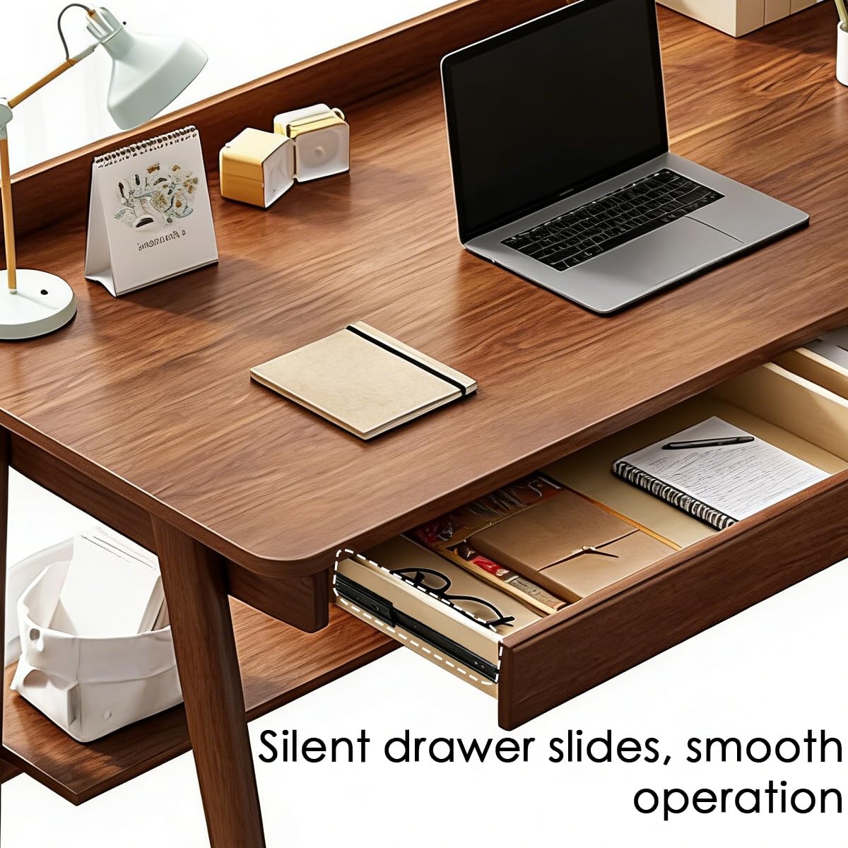 Massivholz Schreibtisch mit 2 Schubladen – Mid-Century Computertisch für Homeoffice, 80/100120 cm Arbeitstisch mit Ablage und Haken, stabiler PC-Tisch für Studenten (Nussbaum, 80cm)