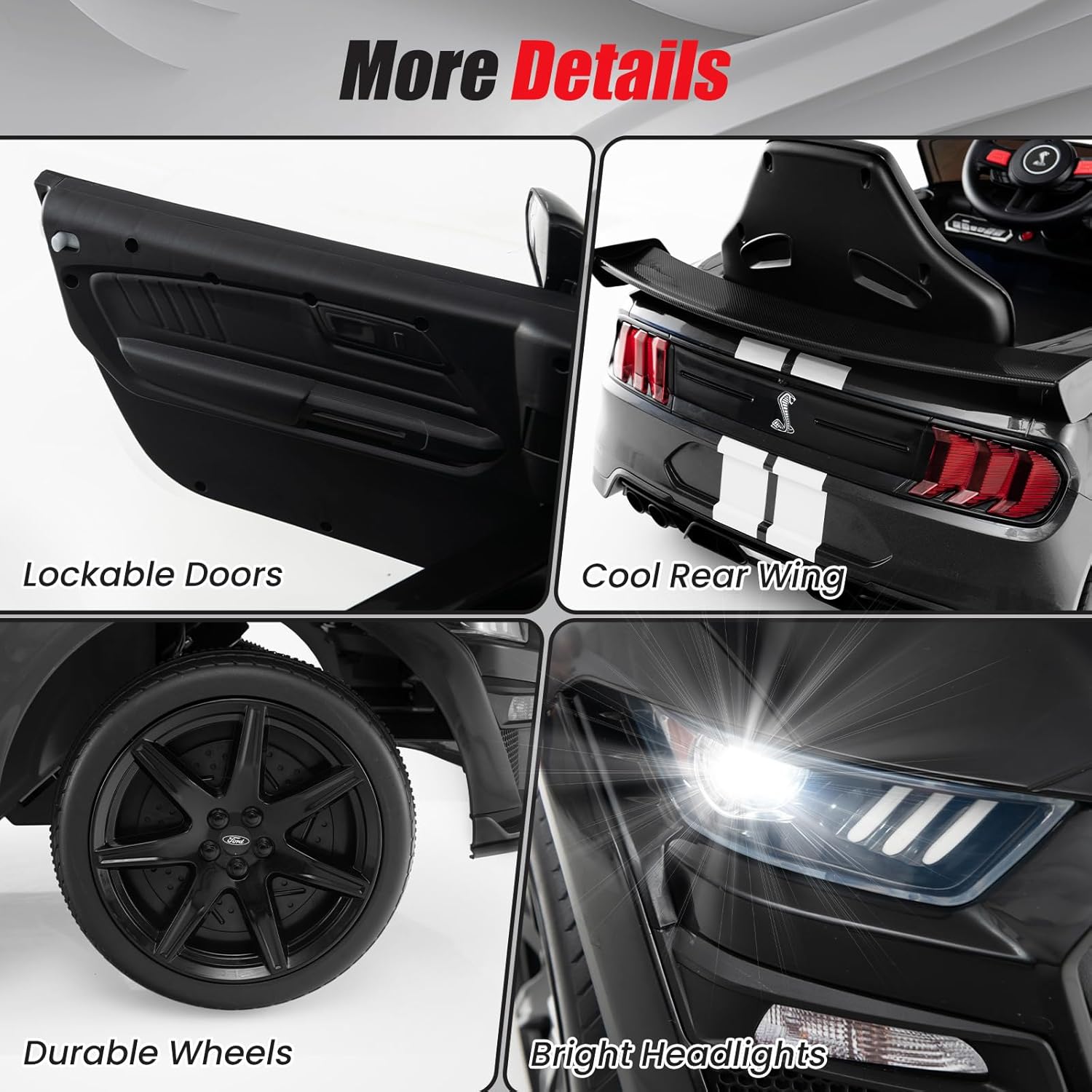 Close-up details of the ride-on car including lockable doors, rear wing, durable wheels, and bright headlights