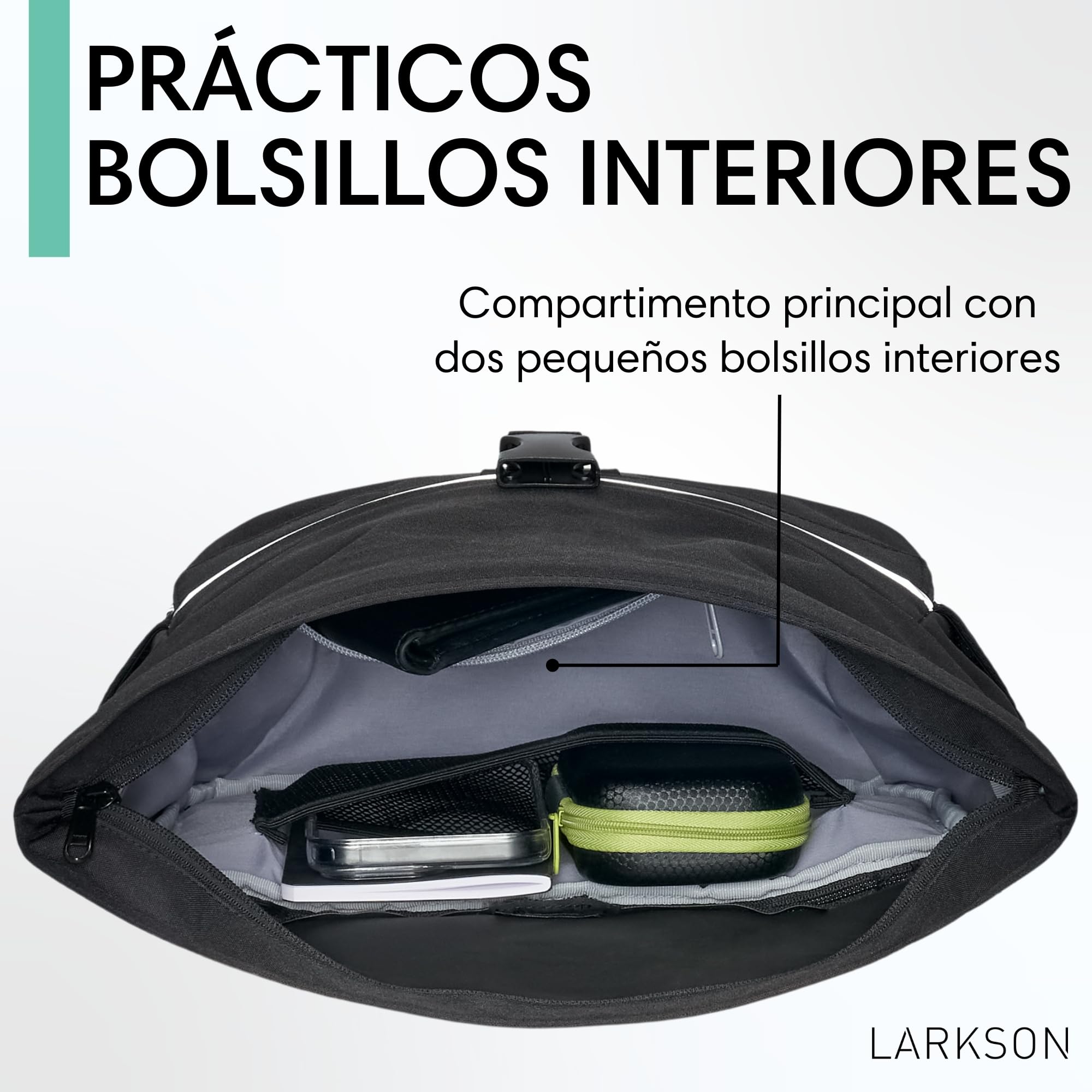 LARKSON Bolsa Manillar Bicicleta Negro - Lasse - Bolsa 2 en 1 para Bici y Bandolera - con Reflejo - Repelente al Agua