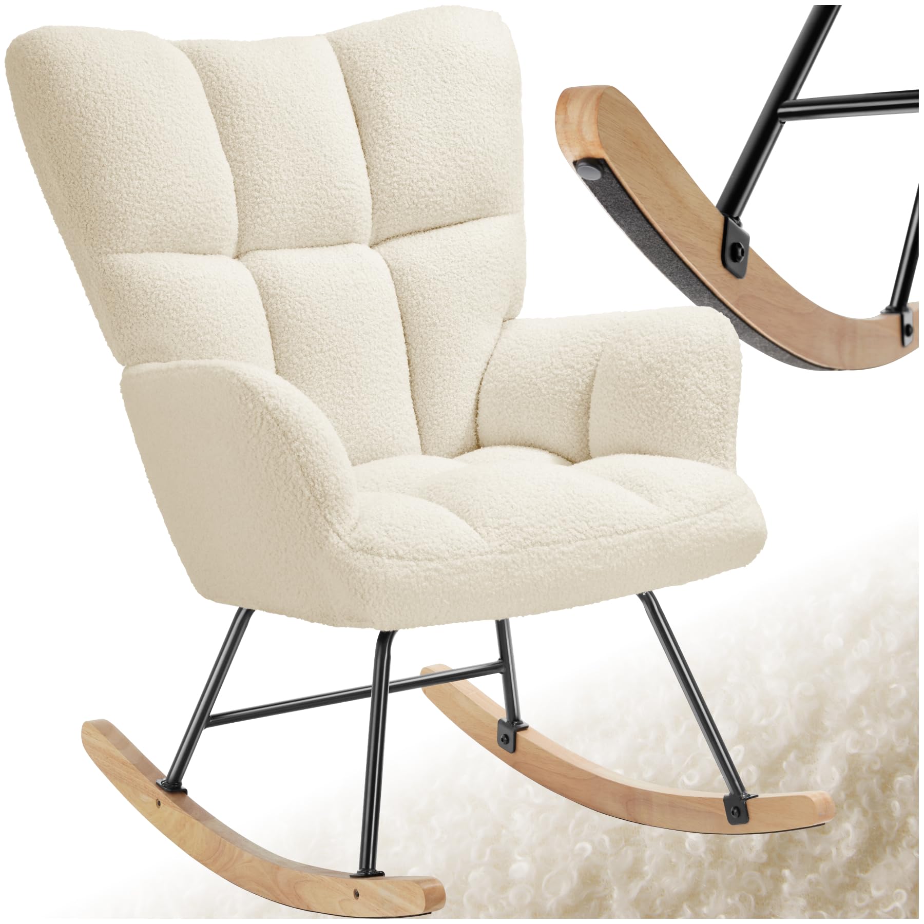 tectake® Sedia A Dondolo, Imbottitura in Gommapiuma, Motivo Trapuntato, Schienale Alto, Braccioli Larghi, Telaio in Acciaio, Pattini In Legno Massiccio, Design Moderno - Beige