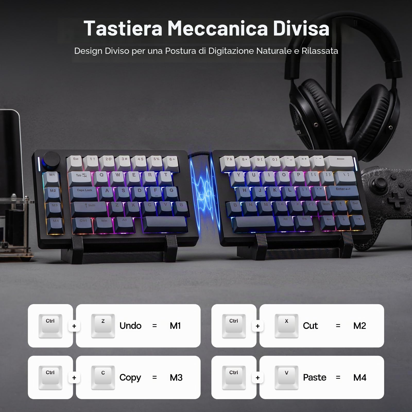 EPOMAKER Split70 Tastiera Ergonomica Wireless con QMK/VIA e Manopola, Tastiera Meccanica con RGB, Hot-Swap, Creamy Linear Switch, PBT Keycap, Mac Modifier, Gasket, 70% Split US Layout (Nero)