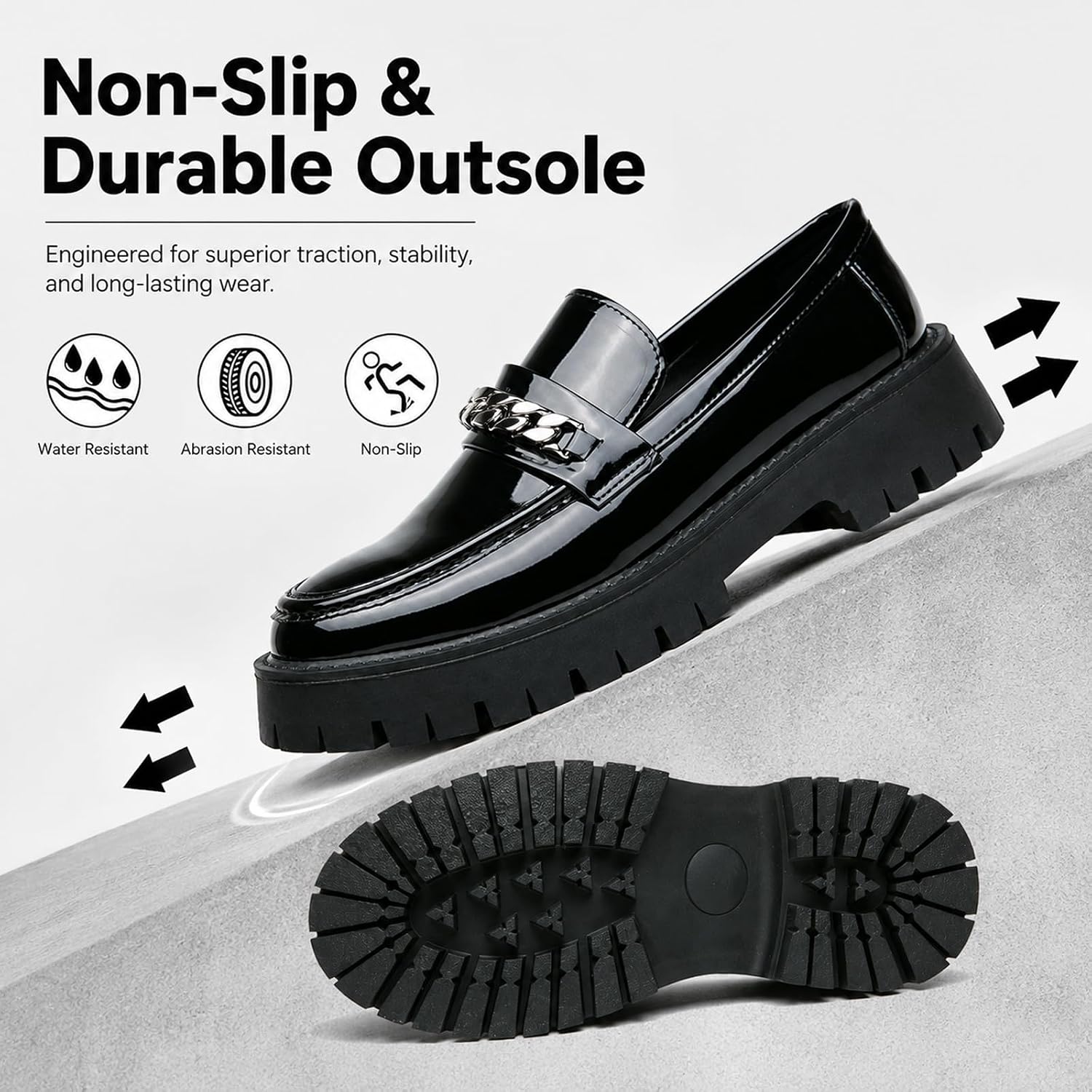 Men's Platform Chunky Slip-On Penny Loafers, Fashion Metal Chain Shiny Patent Leather Business Casual Dress Shoes, Non-Slip Lug Sole Work Shoes for Office Driving (11,Black)