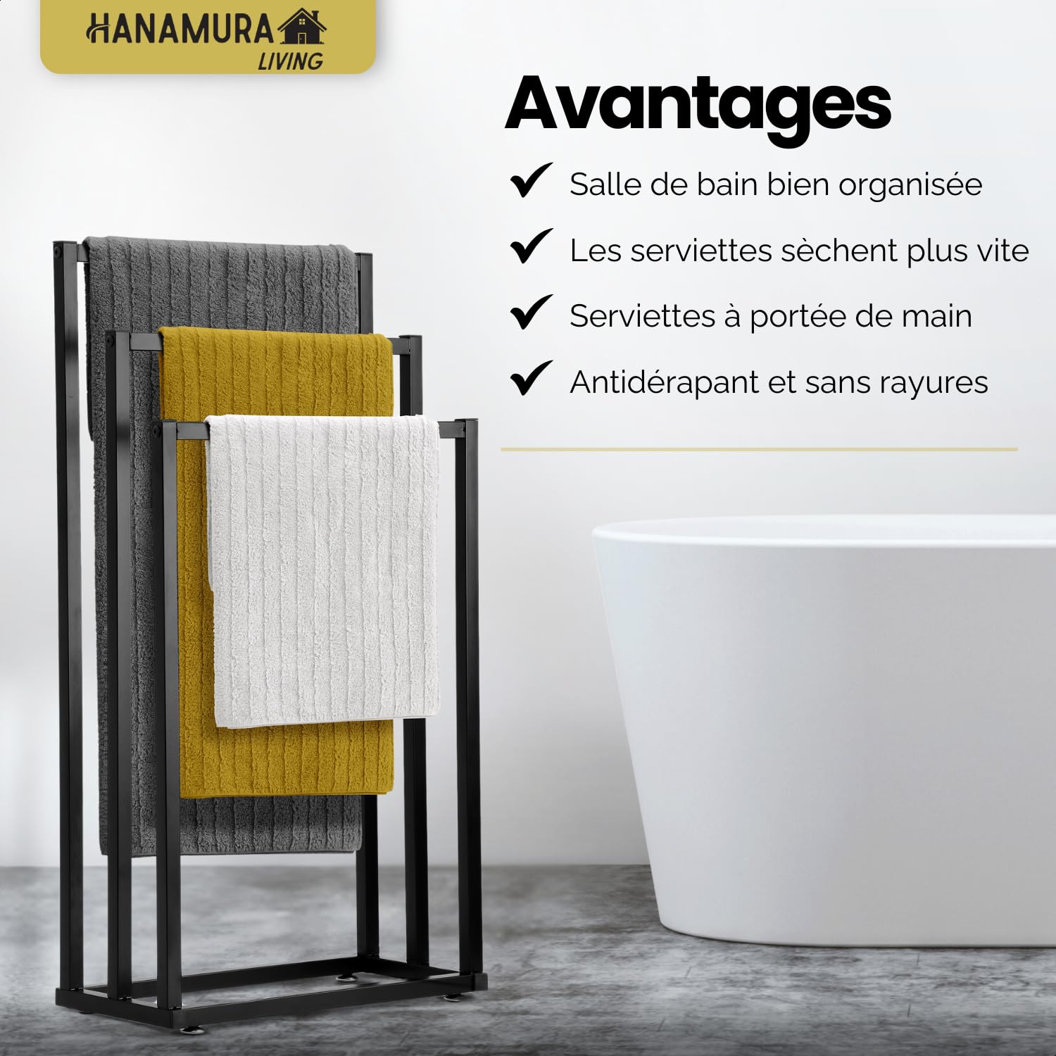 Hanamura Porte Serviette sur Pied – Porte Serviette Salle de Bain Noir à 3 Barres – Support Serviettes Design en Métal Mat