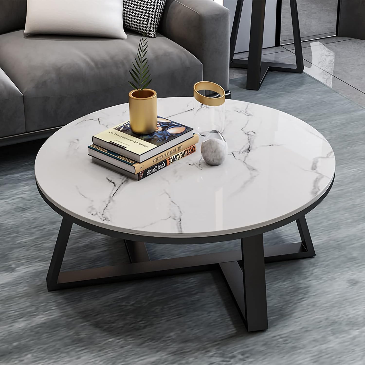 Table Basse Ronde Extérieure En Pierre Frittée Effet Marbre - 2 Niveaux Blanc/noir - Pied Aluminium - 80x47,5cm