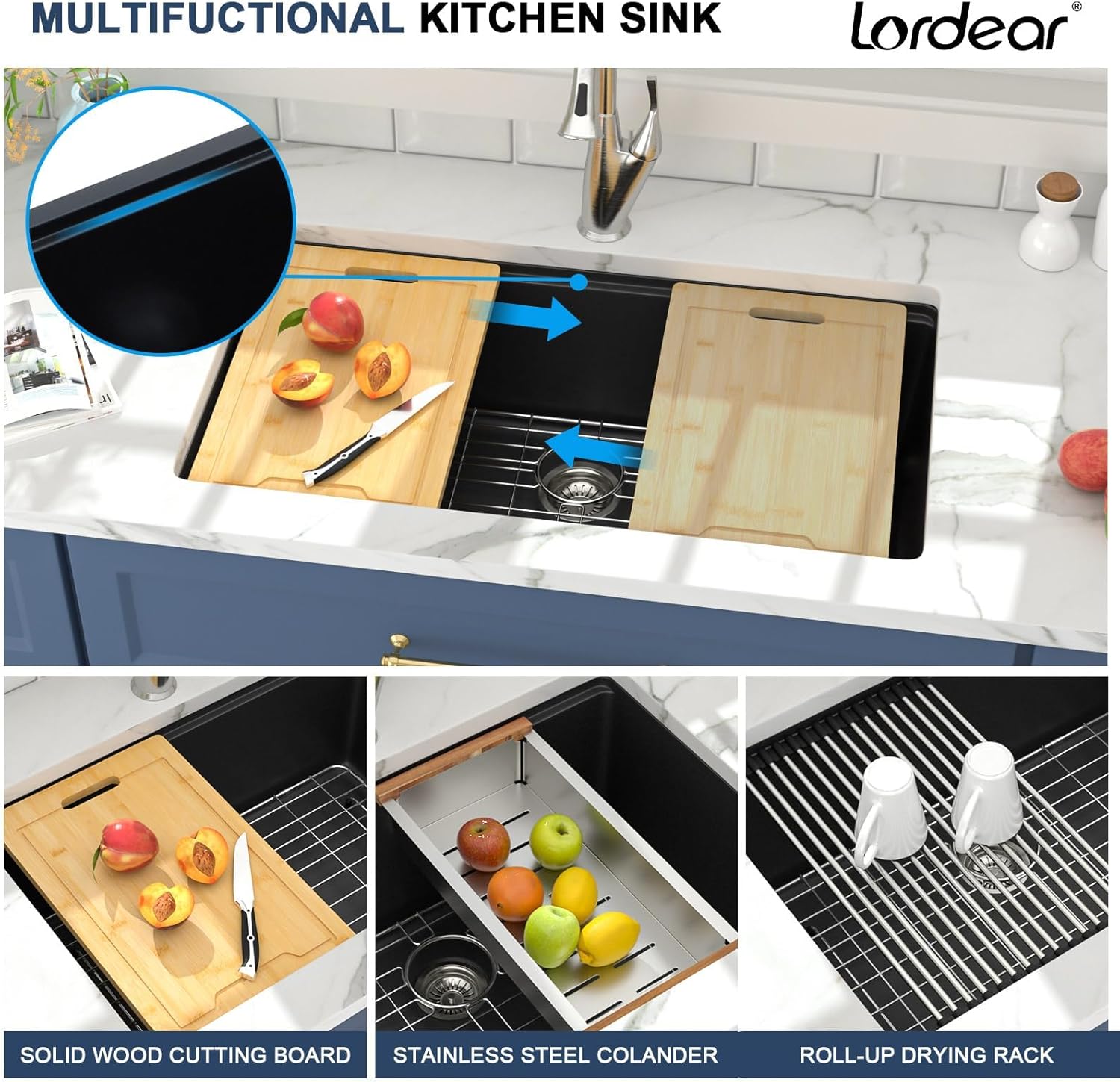 Lordear 33 Black Kitchen Sink Granite Composite Undermount Sink 33x19 Inch Quartz Composite Black Deep Single Bowl Workstation Undermount Kitchen Sinks