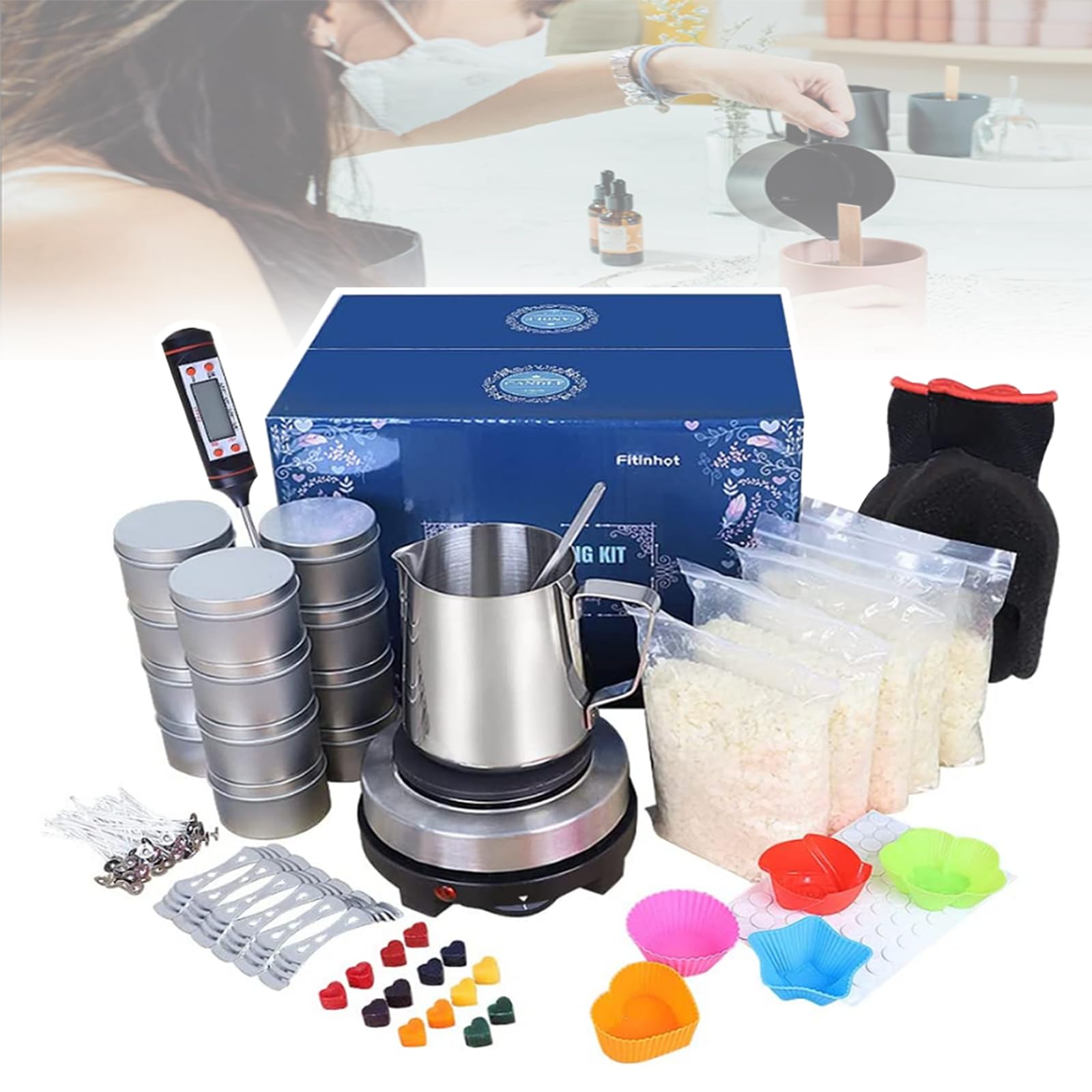 WENJUYCandle Making Gift Box Set for Adults and Beginners - Heating Stove + Pouring Cup + Thermometer + Soy Wax (1000g), Candle DIY Tools