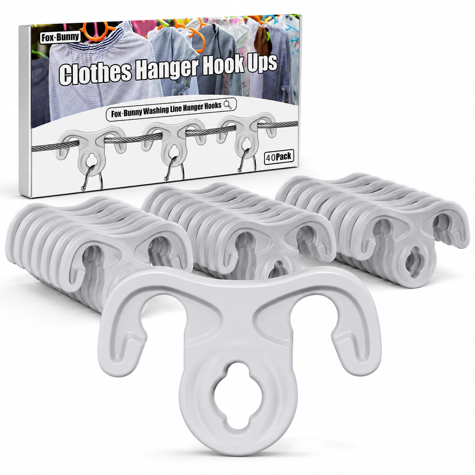 Fox·bunny White 40 Pcs Washing Line Hanger Hooks, Clothes Hook Windproof Pegs, Strong Grip Washing Pegs, Reduces Need To Iron Clothes, Perfect For Clothes Line Outdoor Retractable/Rotary Washing Line