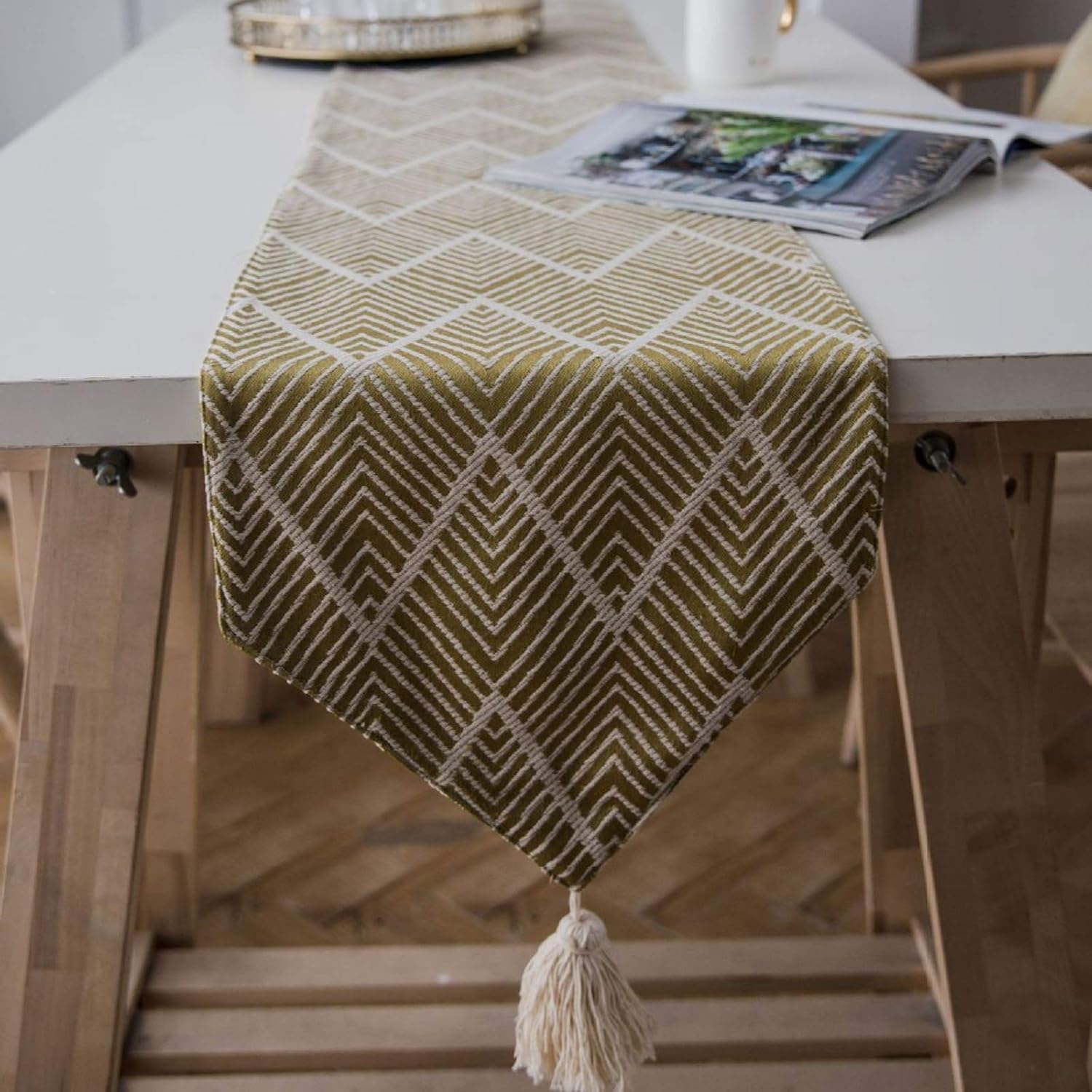 Table Runner Small Rectangle Table,30x200CM,Wave Pattern with Tassel Table Runners Modern Polyester,Autumn Table Runner Yellow