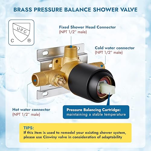 Miniatura 2 de Cinwiny Sistema de ducha de baño montado en la pared con válvula de equilibrio de presión, juego de grifo de ducha negro mate, 5 modos, cabezal de