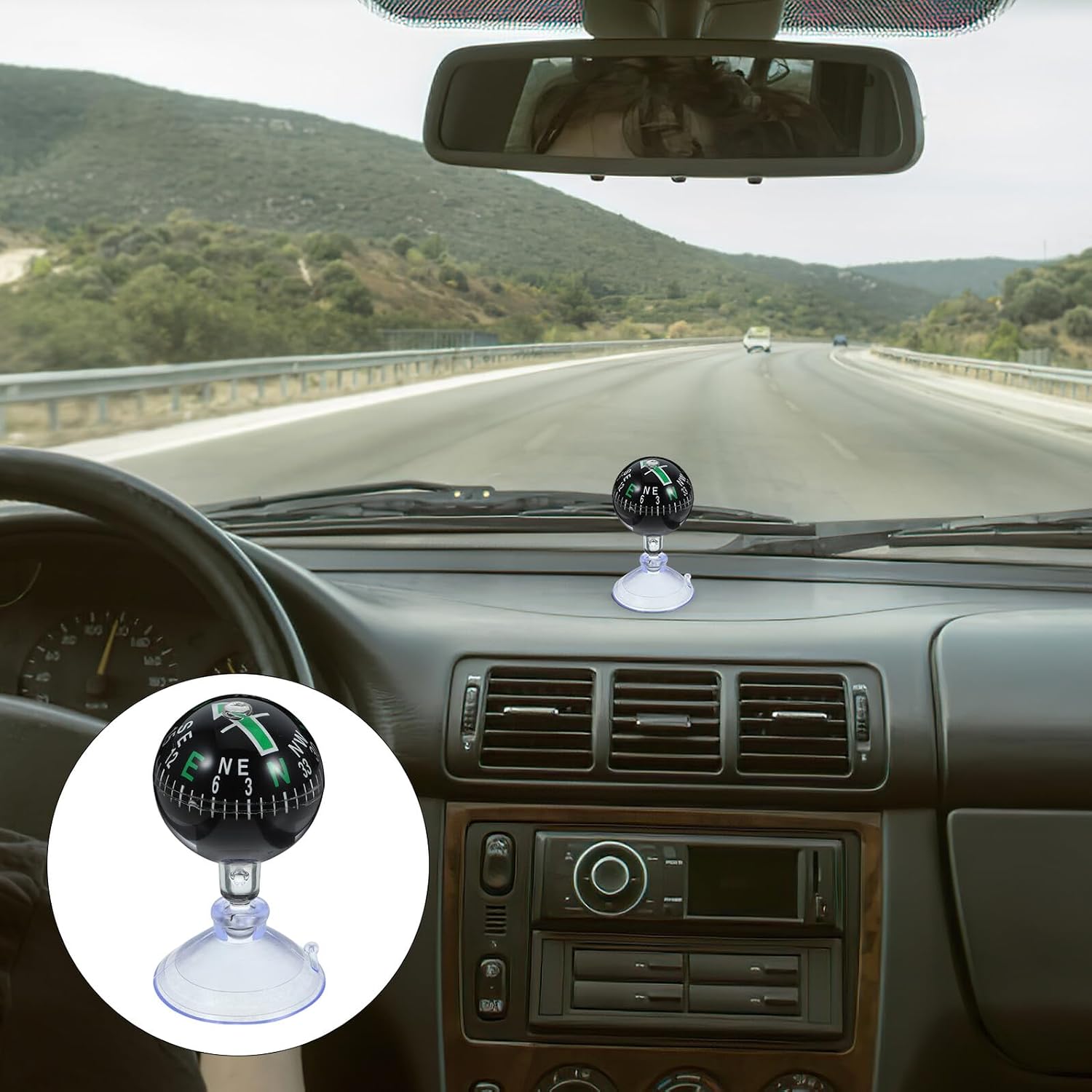 Car Compass Ball 38mm Dash Mount Automotive Ball Compass with Suction Cup for Car Boat Truck Use Green