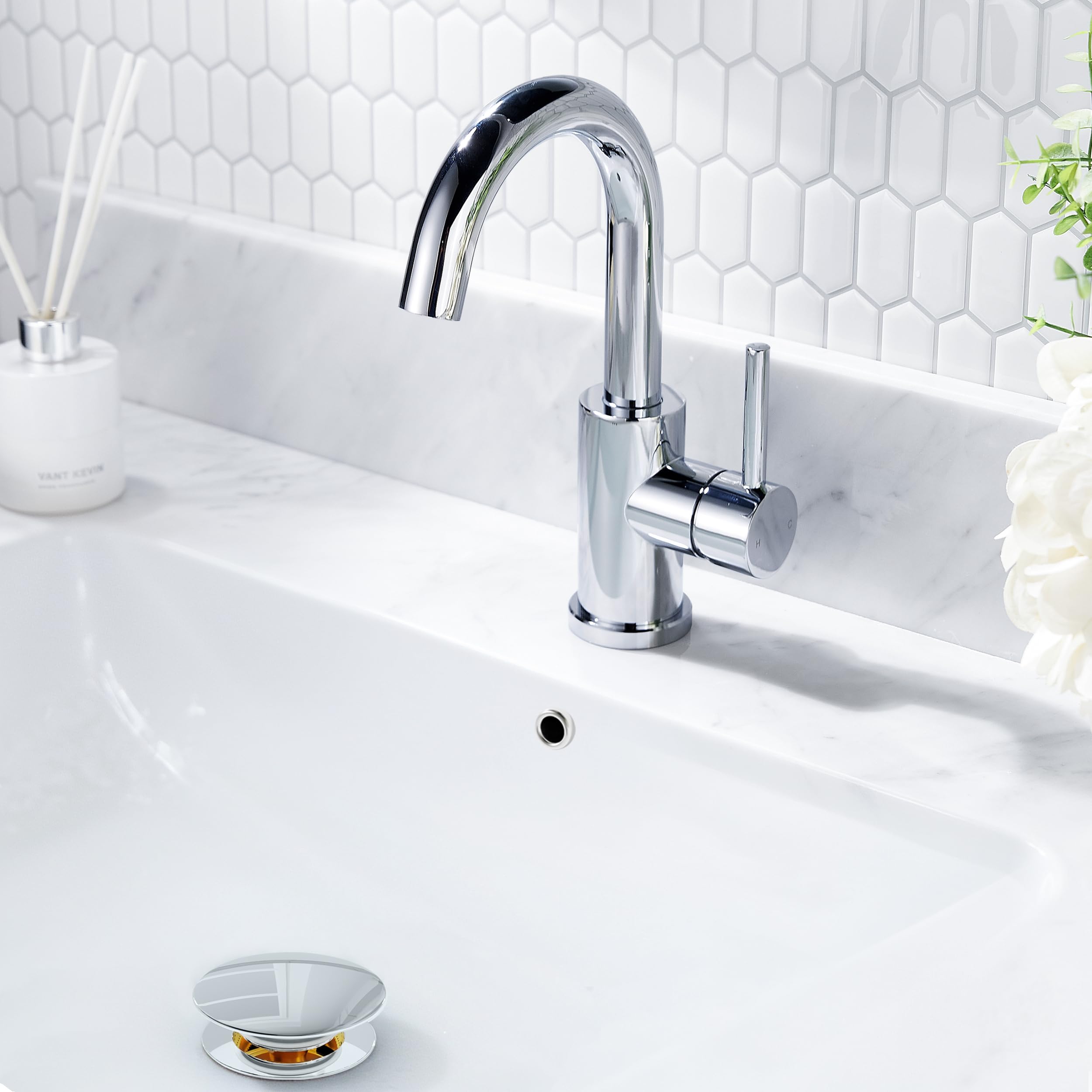 FORIOUS Wasserhahn Bad Hoch mit Ablaufgarnitur,360° Drehbar Edelstahl Waschtischarmatur Hoch mit Warm/Kaltwasser Mischbatterie Einfache Montage für Badezimmer Waschbecken