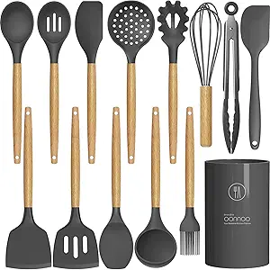 Silicone Cooking Utensils Kitchen Utensil Set - 446°F Heat Resistant Silicone Kitchen Utensils Set, Spatula,Turner Tongs, Spoon, Brush, Whisk,Kitchen Gadgets for Nonstick Cookware, BPA Free (Gray)
