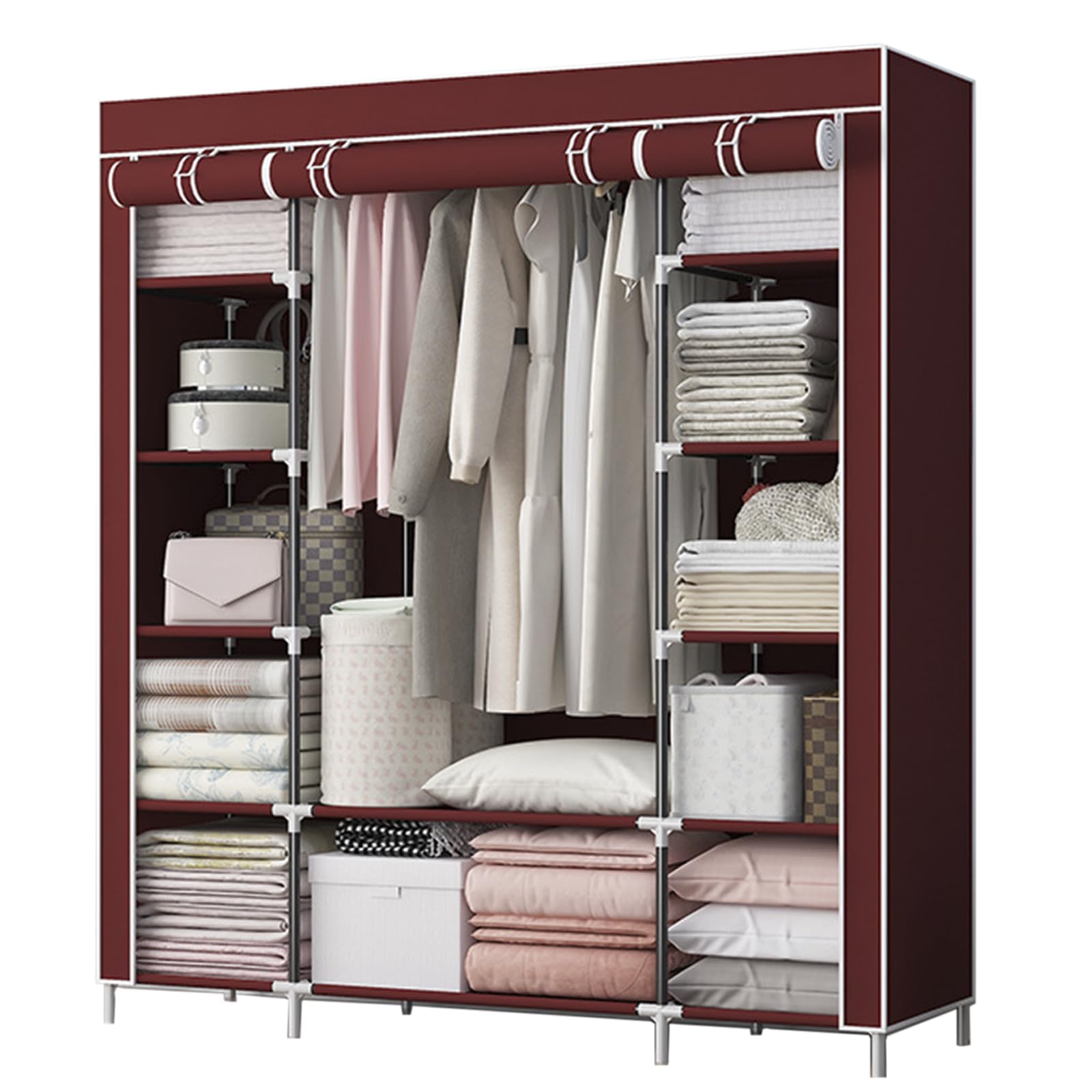 Armario de Tela Portátil, Armario Organizador de Ropa Plegable Modular con 1 Barras para Colgar & 12 Estantes, Ropero Resistente al Polvo para Dormitorio Pasillo, 128x45x175cm,Burgundy