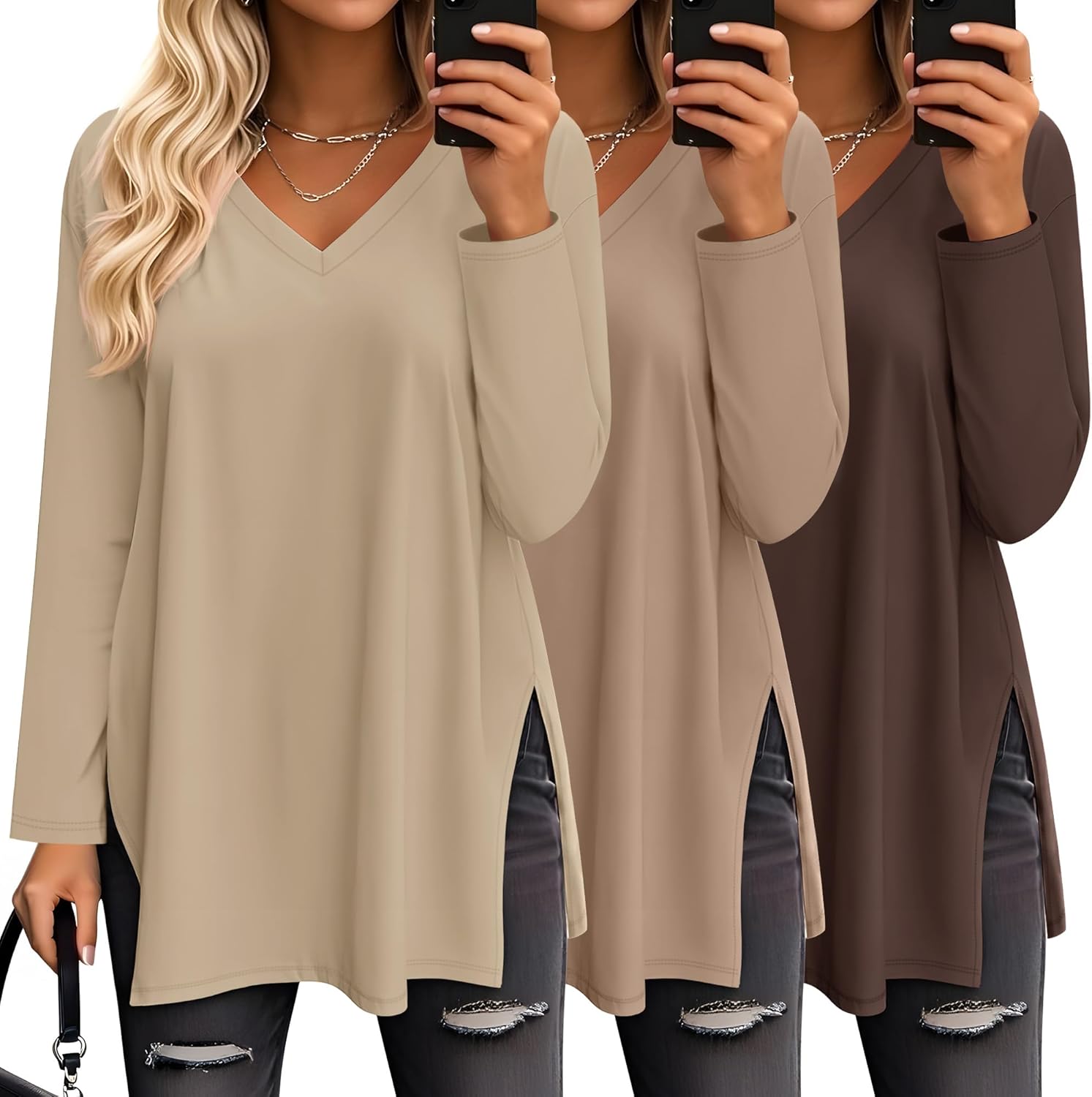 Huukeay 3 Pack Womens Oversized Long Sleeve T Shirts V Neck Knit Casual Workout Tunic Tops Side Split Loose Basic Tees(Dark Brown, Coffee, Gray Khaki,X-Large)