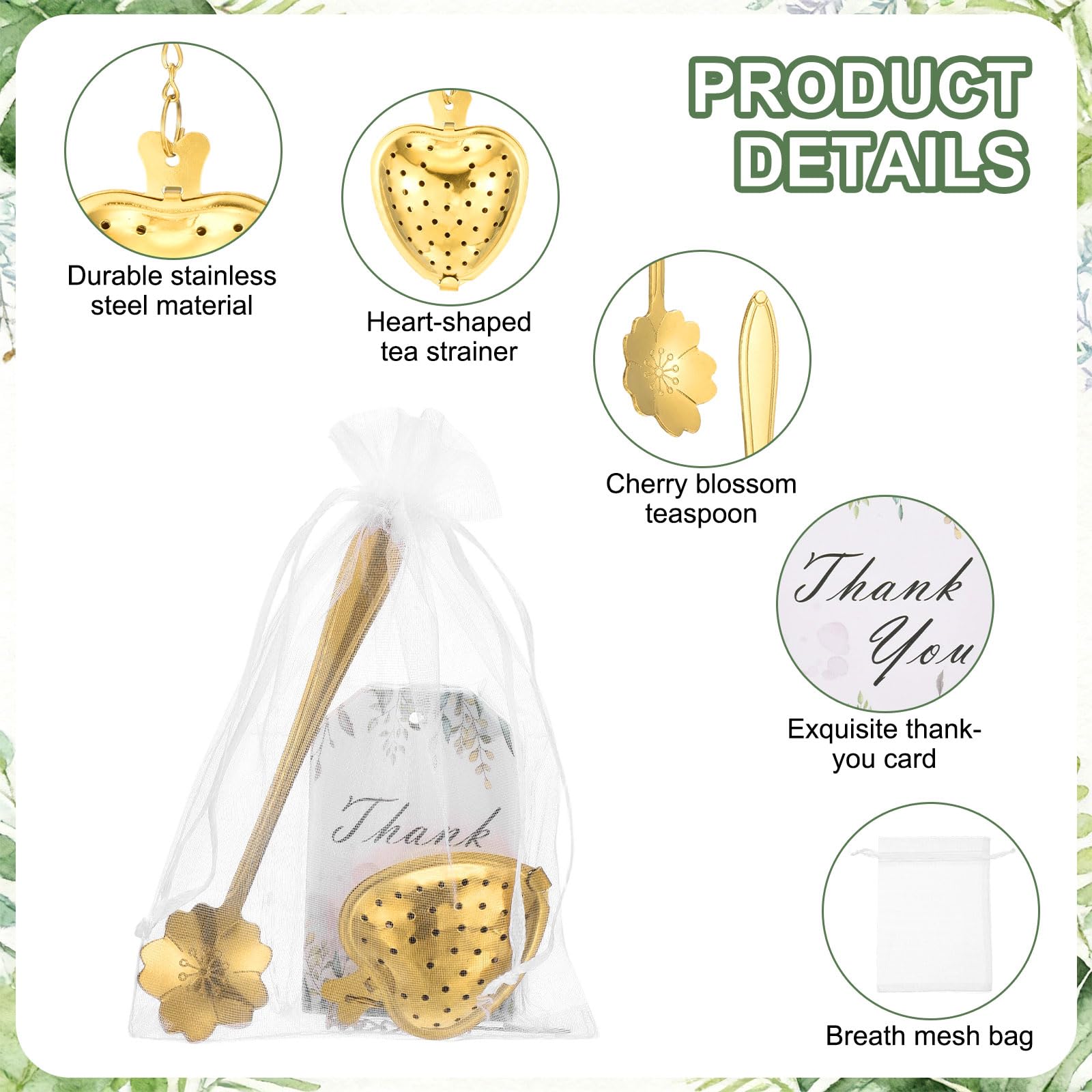 sourcing map Lot de 25 boules à infuseur en forme de cœur pour fête prénuptiale avec cuillère en forme de cœur et sac en maille pour carte de remerciement, cadeau souvenir de mariage, accessoires de