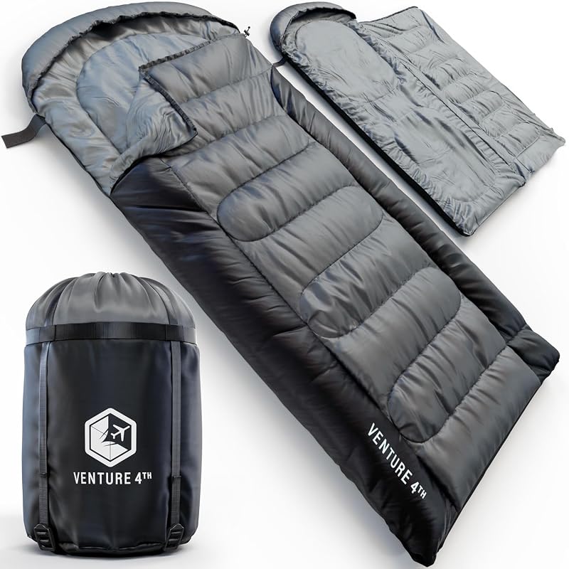 Saco de dormir tipo mochilero para acampar - Individual, XXL y doble | Poliéster resistente al agua y transpirable. Se comprime en la bolsa incluida para facilitar su transporte. Opciones para clima cálido y frío.