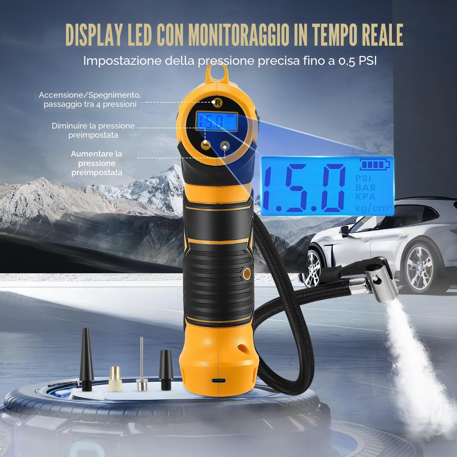 Pompa ad Aria Elettrica Compressore a Batteria per Bicicletta, Portatile, Display Digitale, Spegnimento Automatico, USB-C