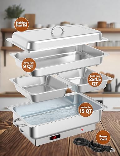 Miniatura 2 de Juego de 2 platos eléctricos para bufé, platos de cocina de 9 cuartos de galón, pantalla digital, temperatura con 1 sartén de tamaño completo y 2