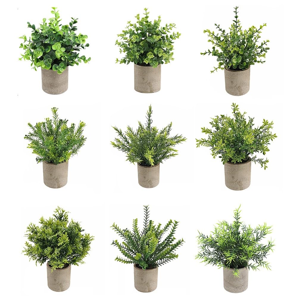 Plantas artificiales en macetas, paquete de 3 mini eucaliptos falsos para decoración de oficina en casa, decoración de escritorio de plástico