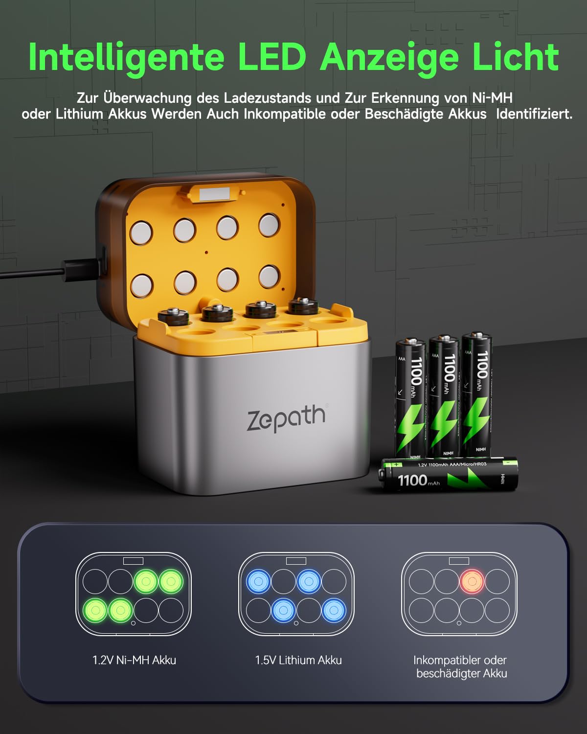 Chargeur hybride Li-ion/NI-MH avec 16 piles rechargeables AAA Ni-MH, 1100 mAh, haute capacité 1,2 V, 8 chargeurs pour piles AA/AAA, boîte de rangement LED intégrée