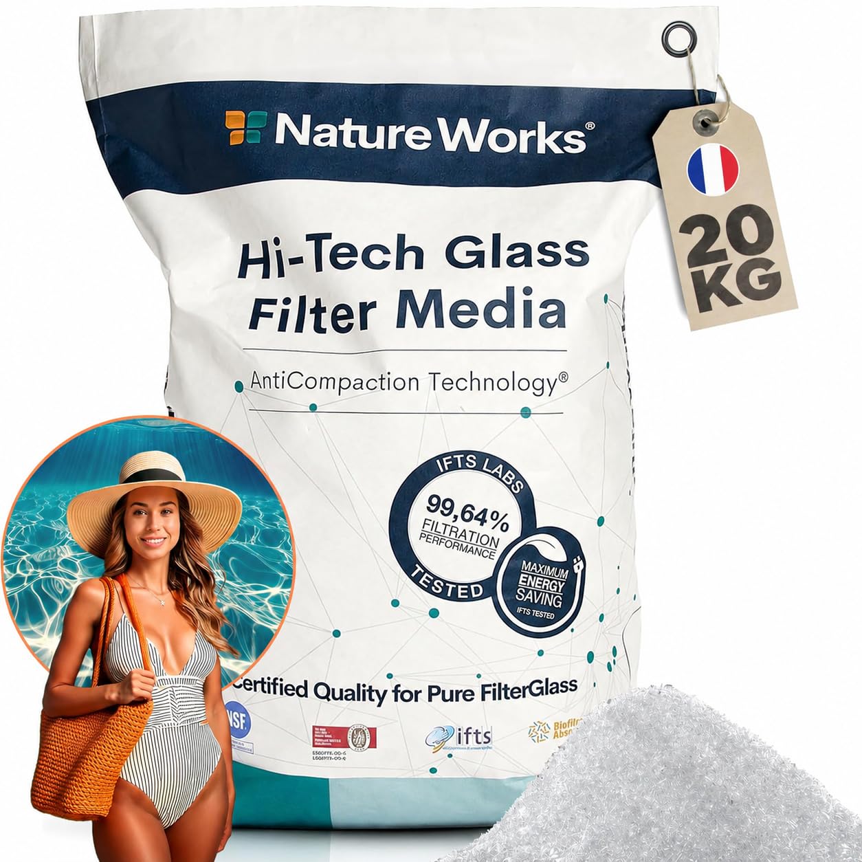 Nature Works Hi-Tech Verre filtrant 20 kg Sable de Piscine, Blanc Cristal, Billes de Verre Ø 0,8 mm