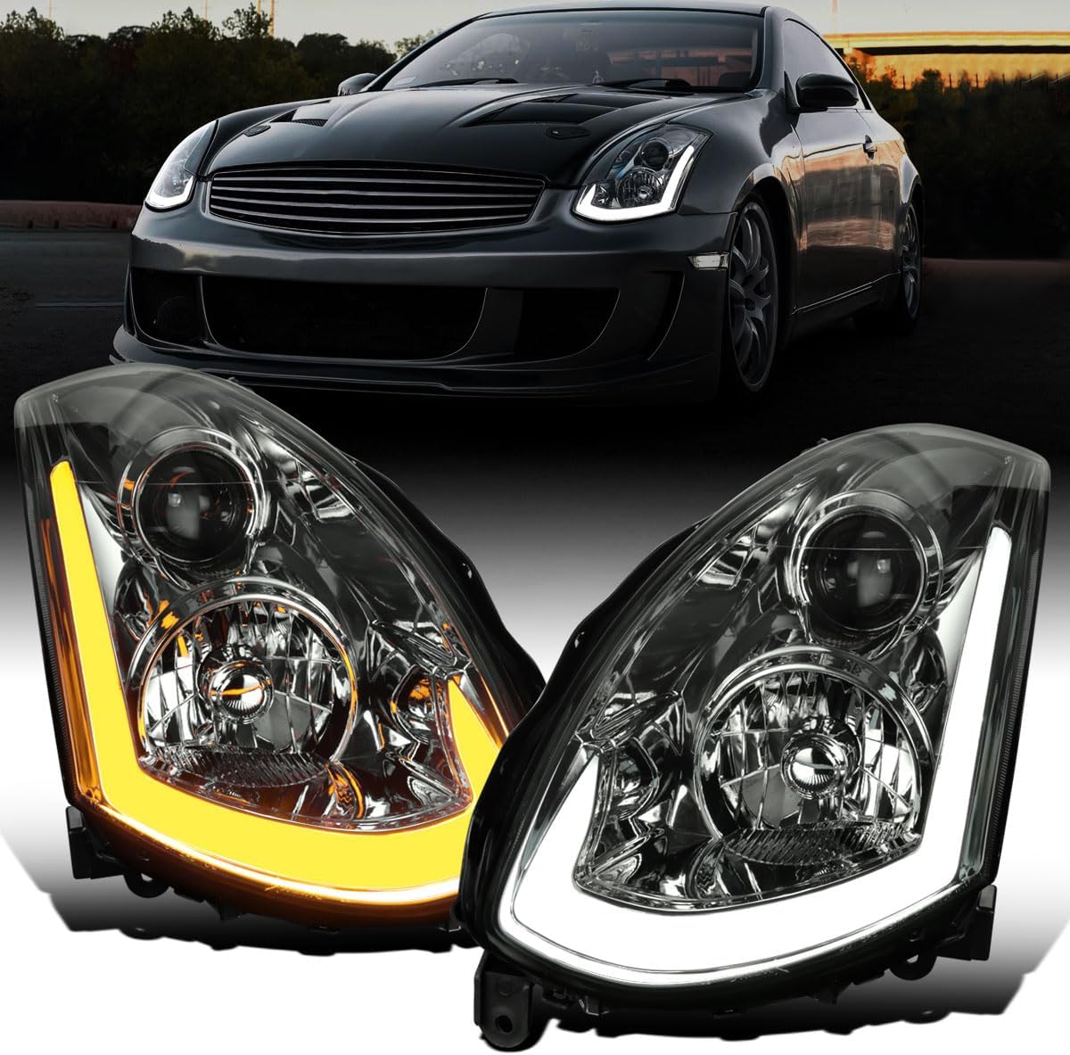 Ronnin - Fits 2003-2007 Infiniti G35 Coupe Upgraded Replacement LED Switchback Sequential Turn Signals Xenon HID Projector Headlights Assembly Pair | Smoke
