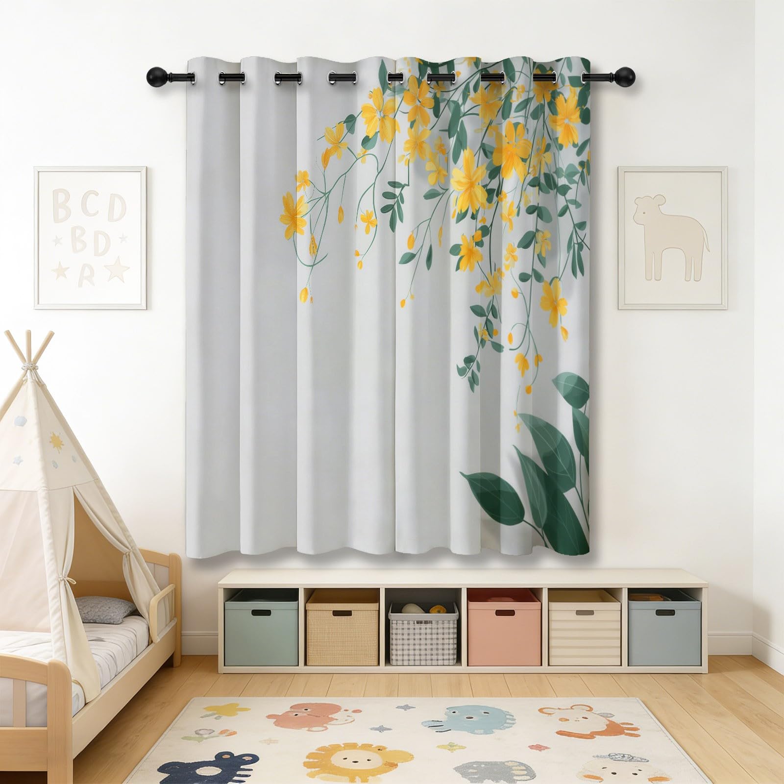 Gris Et Blanc Rideau 70 x 240 cm 2Pcs, Aquarelle Fleurs Plantes Feuilles Imprimé Rideaux Adult Enfant, Naturel Scandinave Occultation Douce Intérieurs à Oeillets Rideau Chambre Salon Coucher Dressing