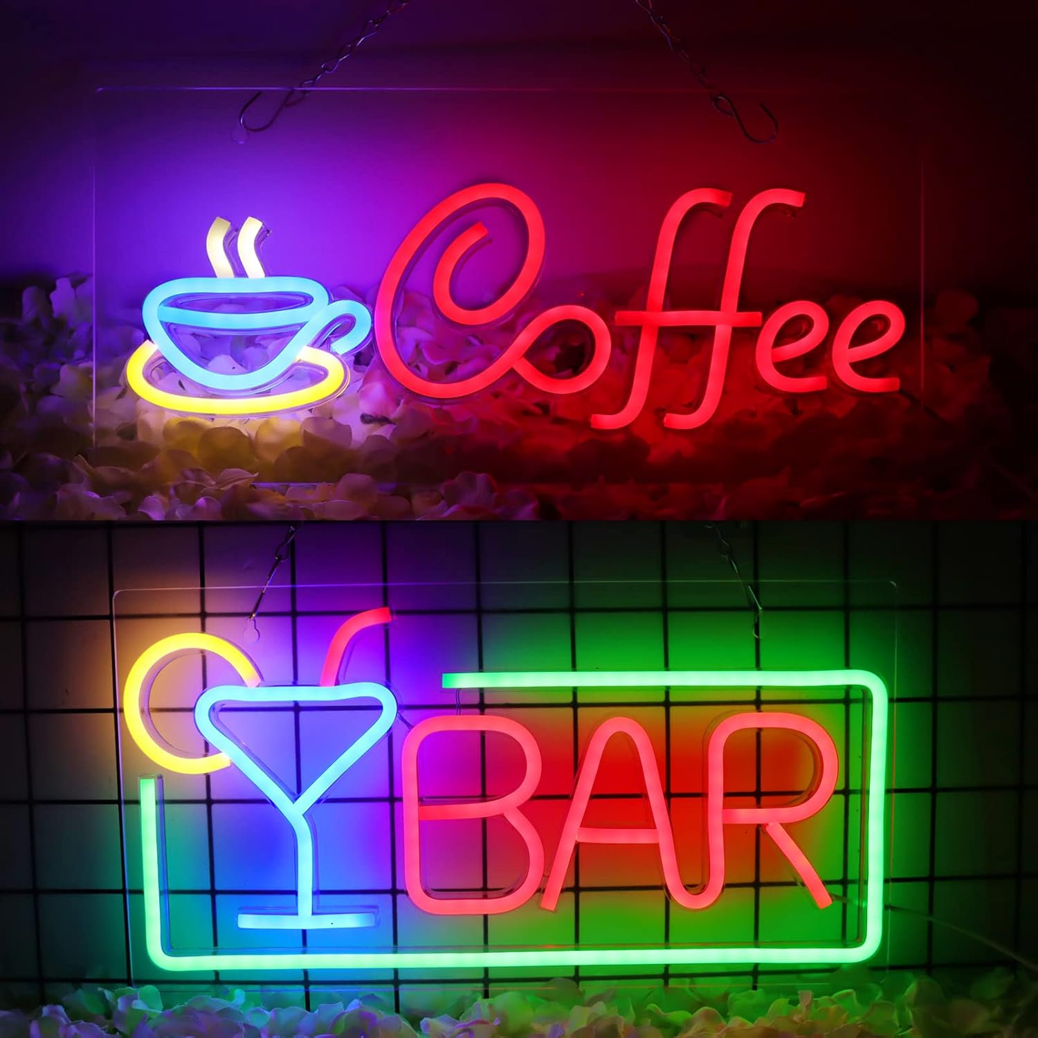 Bar Neon Signs 16.5 * 8.6 Inch(Red+Blue+Green+Yellow) + Coffee Neon Signs 16.5 * 8.6 Inch(Blue+Blue+Red)