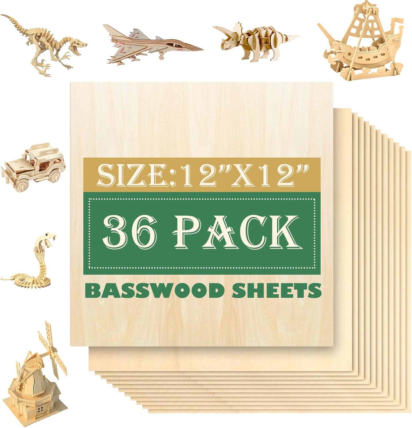 36 Pack 12"x12" Basswood Sheets 1/8", 3mm for Laser Cutting, Unfinished Wood, Craft Wood, Plywood for DIY Ornaments and Models