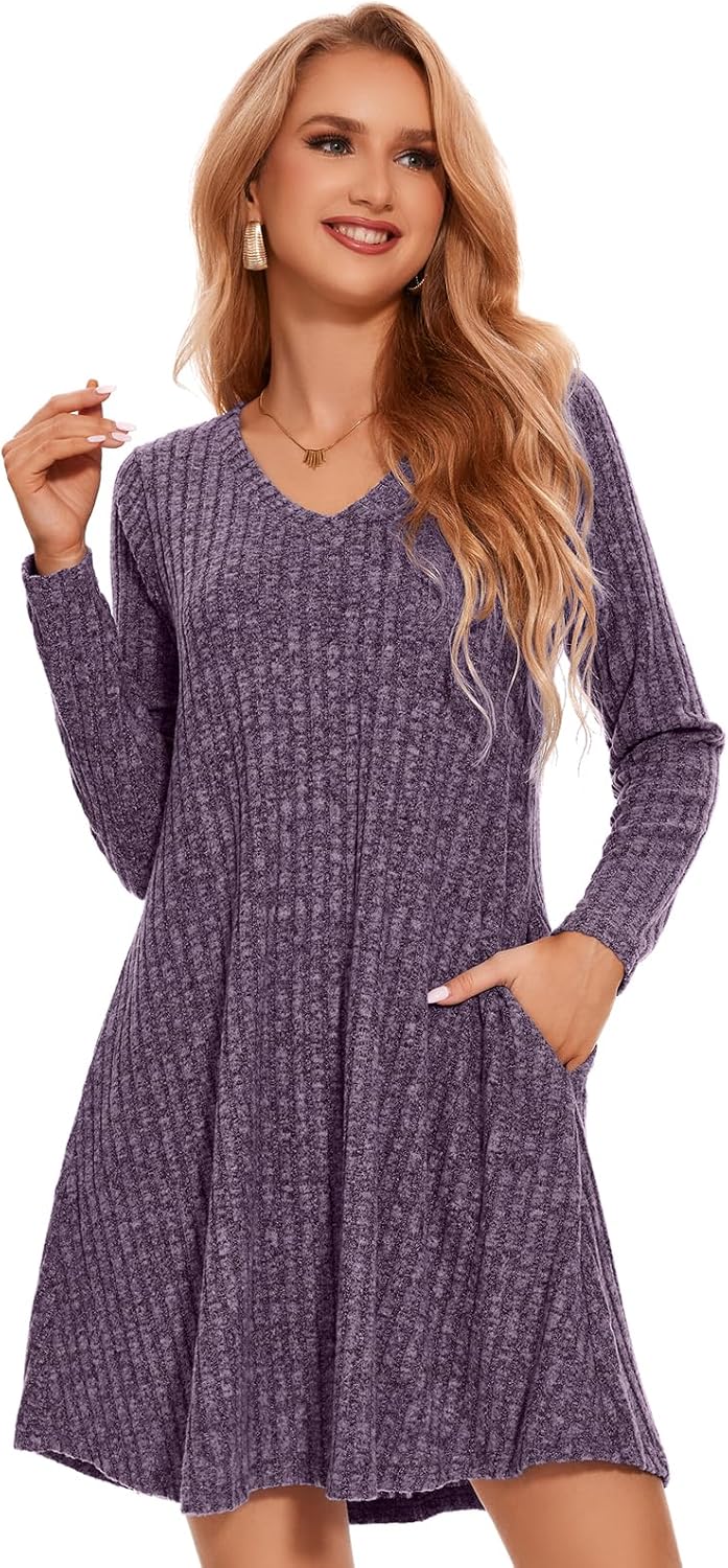 ZENNILO Women Plus Size Sweater Dress Long Sleeve Dress for Women Basic V Neck Fall Winter Tunic Dresses with Pockets - Image 3