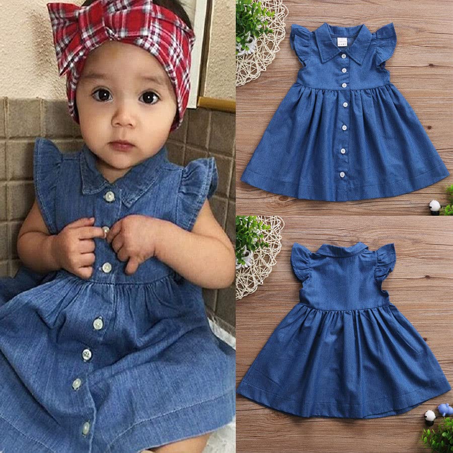 Kid Girl Denim Dress Toddler Girl Lapel Flutter Sleeves Button Down A-line Shirt Dress2