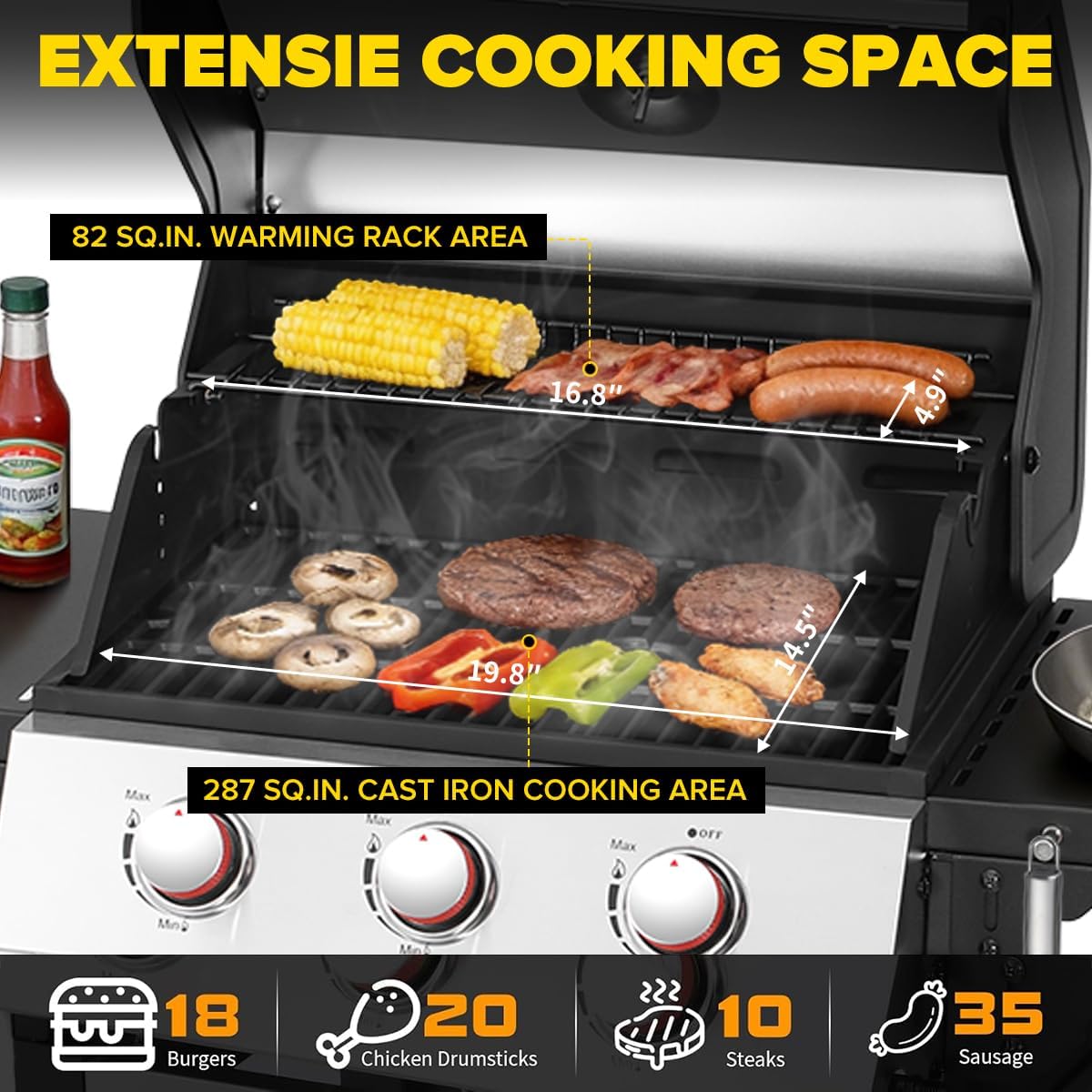 CIG GARDEN 3-Burner Propane Gas Grill with Foldable Side Tables & Cast Iron Grates - 31500 BTU Stainless Steel Portable BBQ Grill for Patio, Camping, Backyard Outdoor Cooking