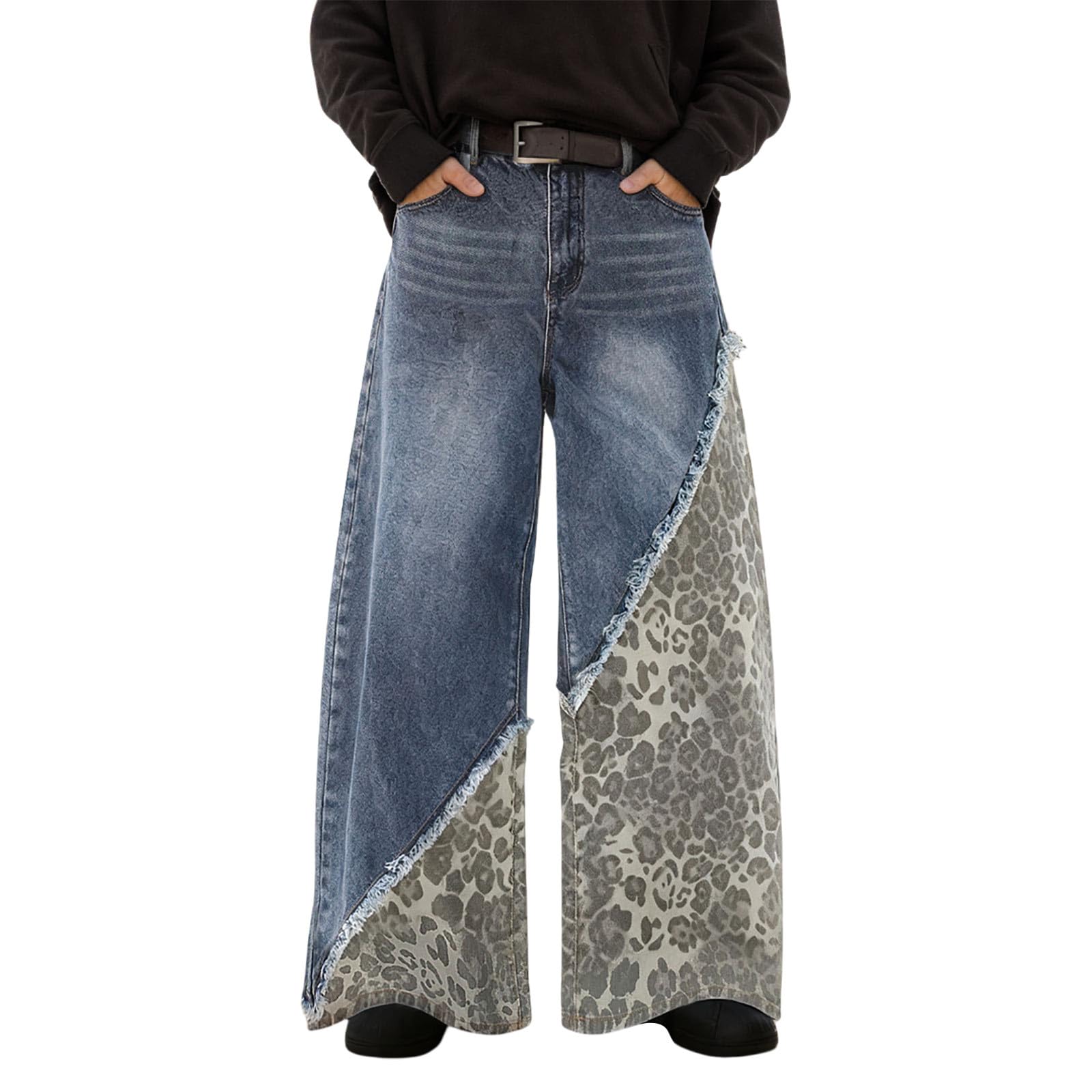 Generico Baggy Jeans Uomo Pantaloni Elefante Moto Flared Larghi Y2K Bootcut Slim Strappati Fit Invernali Cargo Loose Jins Zampa Balloon