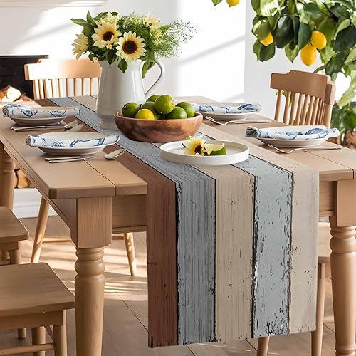 Miniatura 141 de Camino de mesa de algodón y lino estilo granja rústico retro, textura de madera de granero, color degradado marrón y gris, antideslizante,