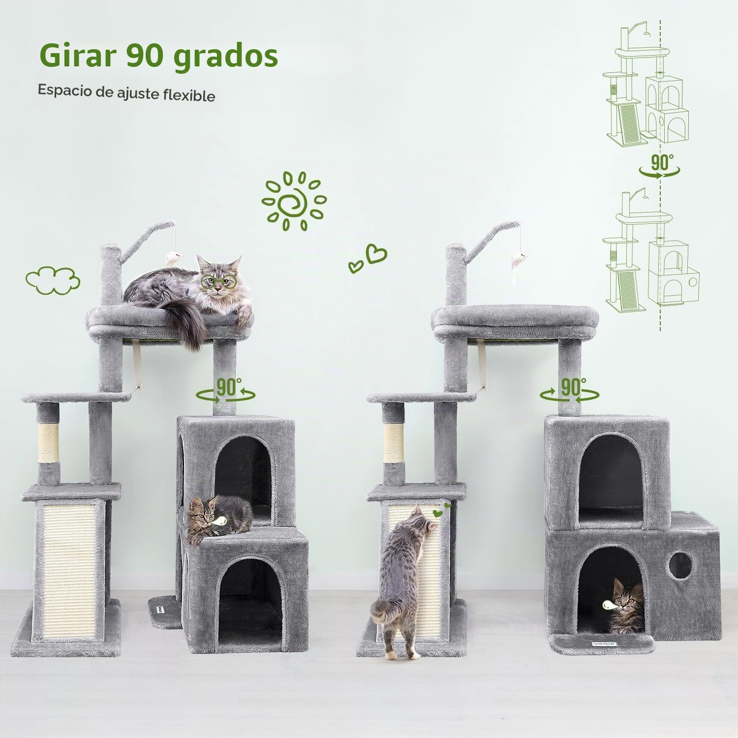 Globlazer Árbol Rascador Estable con 2 Grandes Base, 2 Casas Giratorias 90°, Plataforma Acolchada, Pendiente de Sisal, Arbol Rascador para Grande Gato Ancianos Gatitos Interior (F50, Gris Claro)