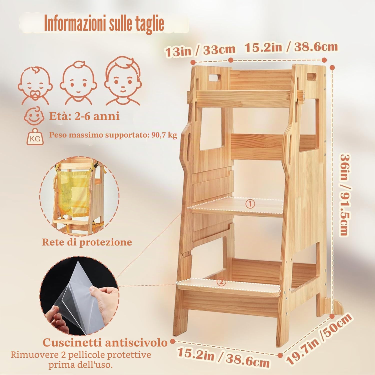 FUNLIO Torre Montessoriana Bambini con Rete Sicurezza, Regolabile 3 Livelli, Torre di Apprendimento