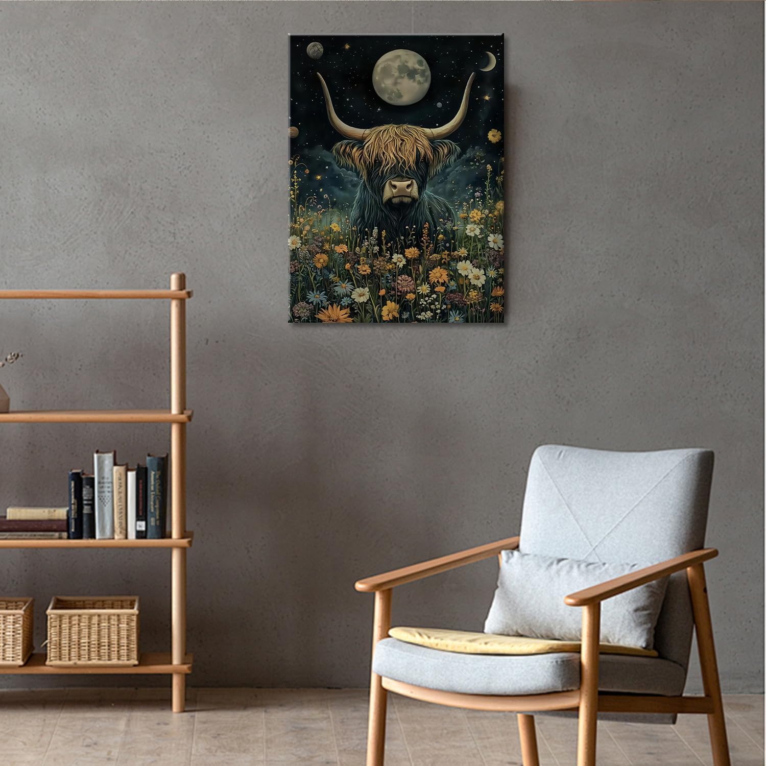 Highland cow wall art, canvas prints of animal and flower fusion, Starry Night art deco wall painting, home office decor with dreamlike style, containing galactic stars and floral,Framed 16X24in